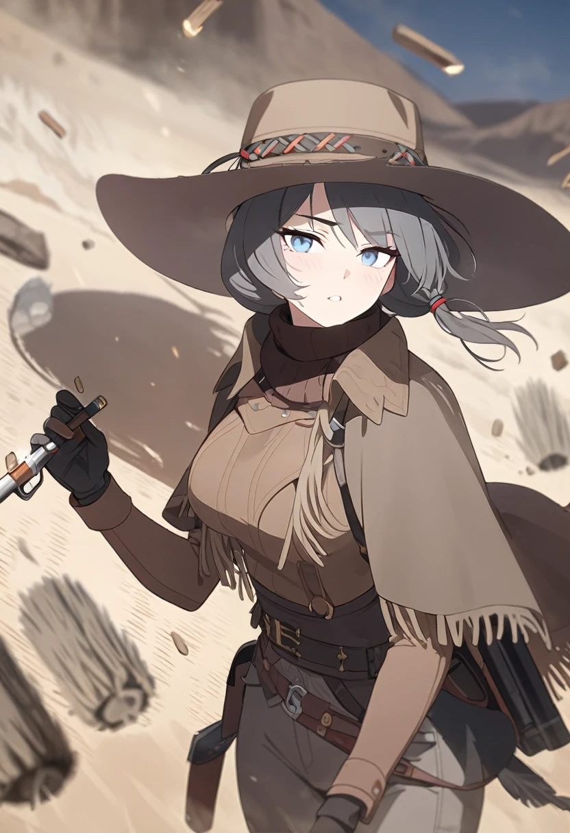 masterpiece,best quality,depth of field,8K,looking at the viewer,dark gray hair,blue eyes,light brown chaps,dark brown poncho,갈색 Ten gallon hat,brown leather jumper,Holding a Colt Single Action Army,western frontier,badlands,tumbleweed rolling around,sandstorm,holding a cigarette in one's mouth,chic,wseifuku,male,Horsehair