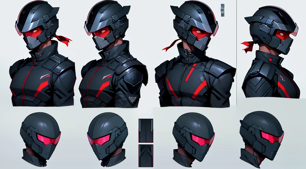 Character design sheet、male、Black military uniform、Detailed face、Body Armor、Full Face Cyber Helmet、Cover your face、whole body