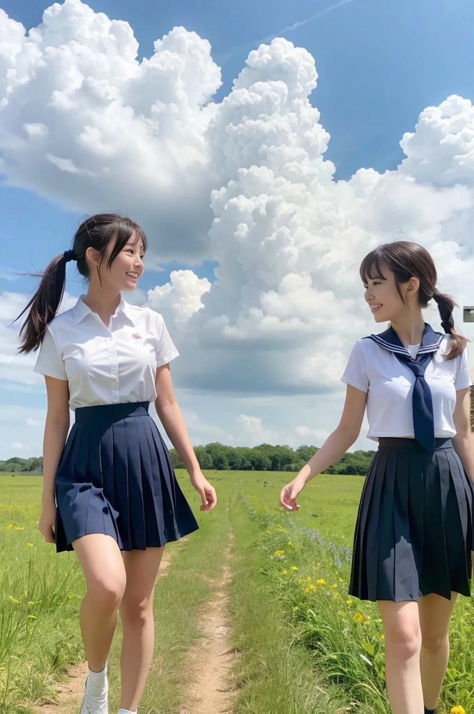 2 girls walking in rural field,cumulonimbus cloud in summer sky,sailor shirt,navy blue pleated skirt,18-year-old,bangs,a little smile,thighs,knees,short hair with low pigtails bunches,from below,front light