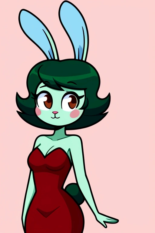 1 girl, Hair:Long red wavy, Eyes:bright greens, fur:light with rosy cheeks, Genre:female, with rabbit ears and tail