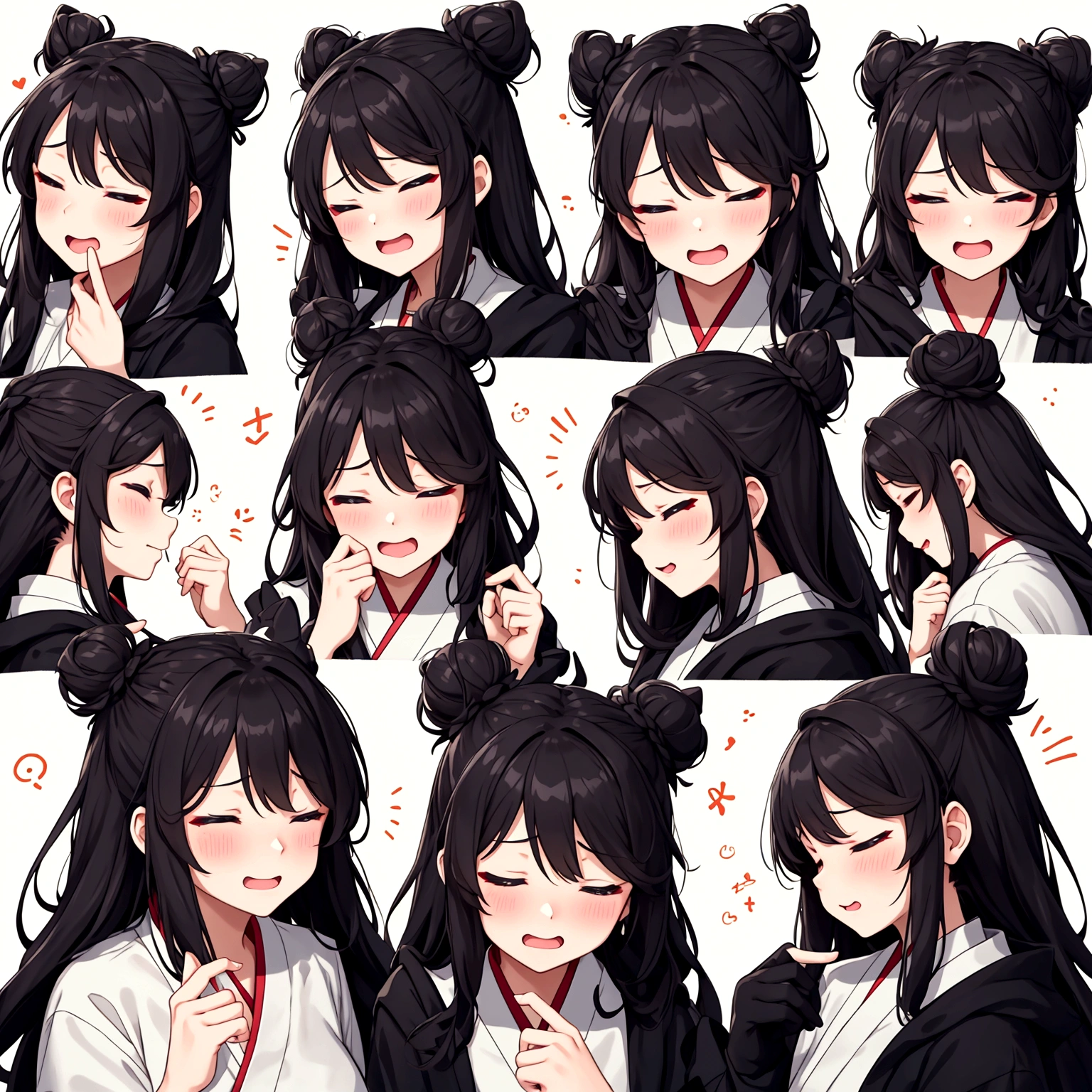 1 个Lovely的女孩，4 grids，4 emoji packs，4.Posture and expressions，sad，surprise，laughing out loud，anger，Suspect，Acting Lovely，Lovely，sleep，naughty，Contempt，Hanfu、Hair Bun、Hair accessories，Black stroke，Different emotions，8K