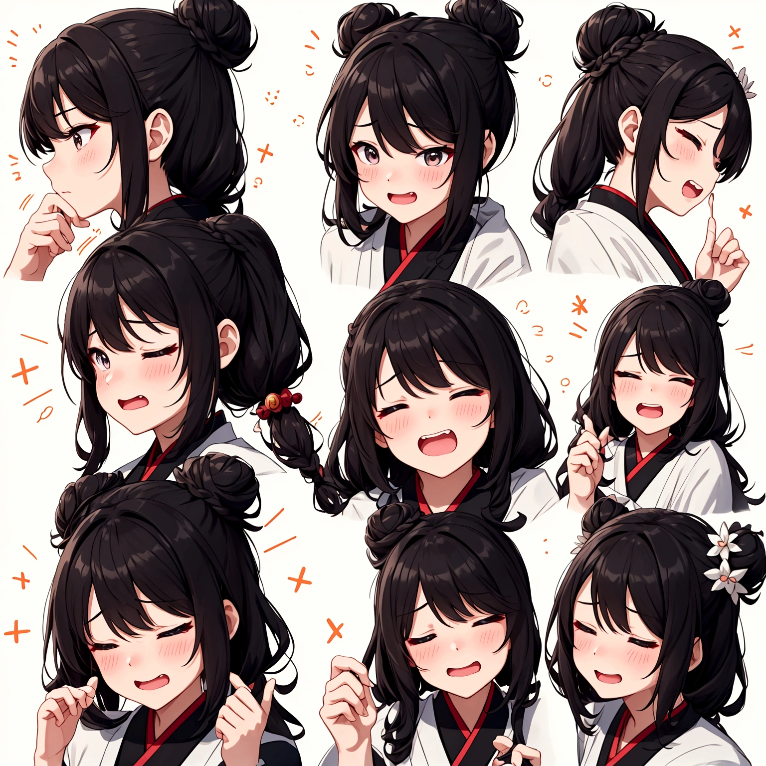 1 个Lovely的女孩，4 grids，4 emoji packs，4.Posture and expressions，sad，surprise，laughing out loud，anger，Suspect，Acting Lovely，Lovely，sleep，naughty，Contempt，Hanfu、Hair Bun、Hair accessories，Black stroke，Different emotions，8K