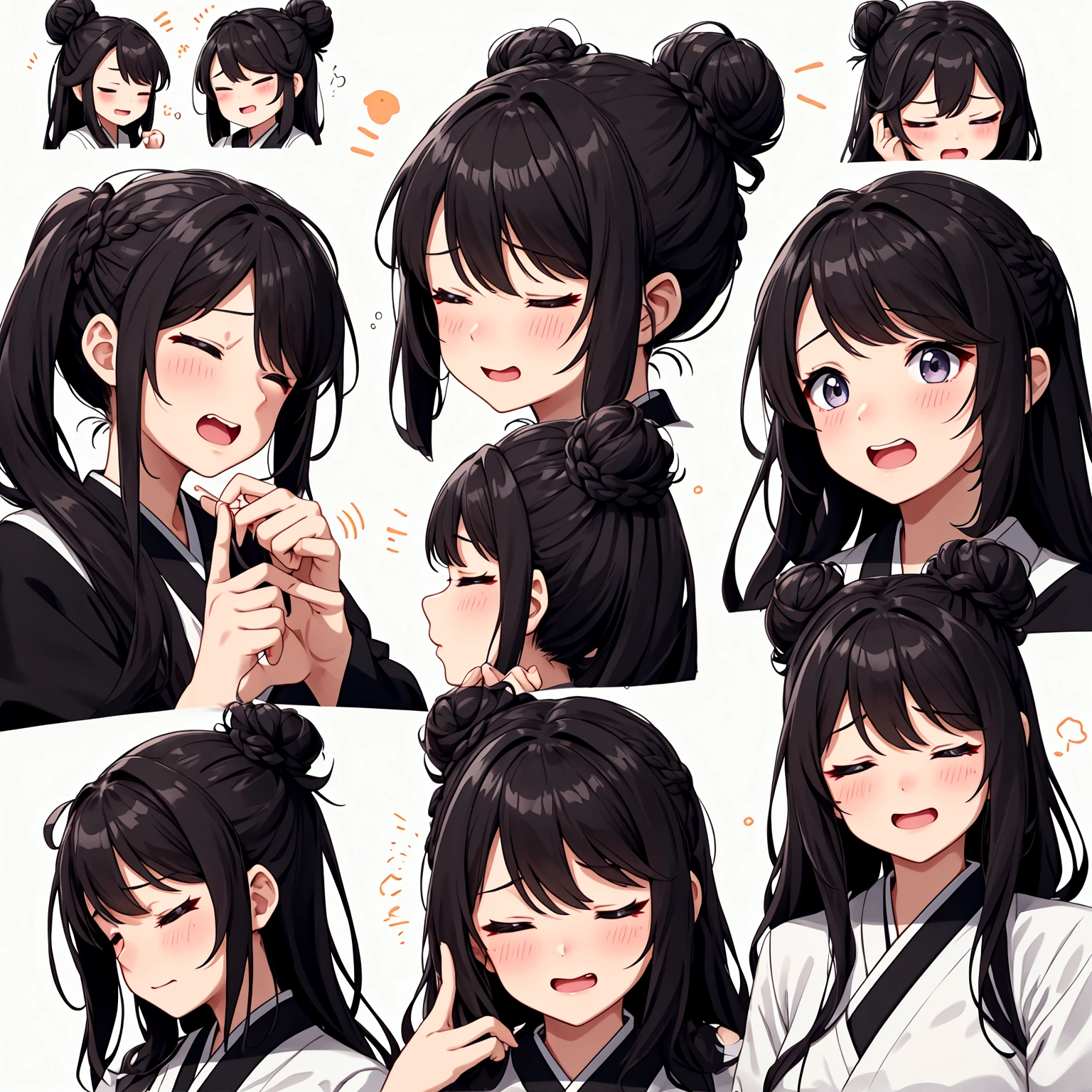 1 个Lovely的女孩，4 grids，4 emoji packs，4.Posture and expressions，sad，surprise，laughing out loud，anger，Suspect，Acting Lovely，Lovely，sleep，naughty，Contempt，Hanfu、Hair Bun、Hair accessories，Black stroke，Different emotions，8K