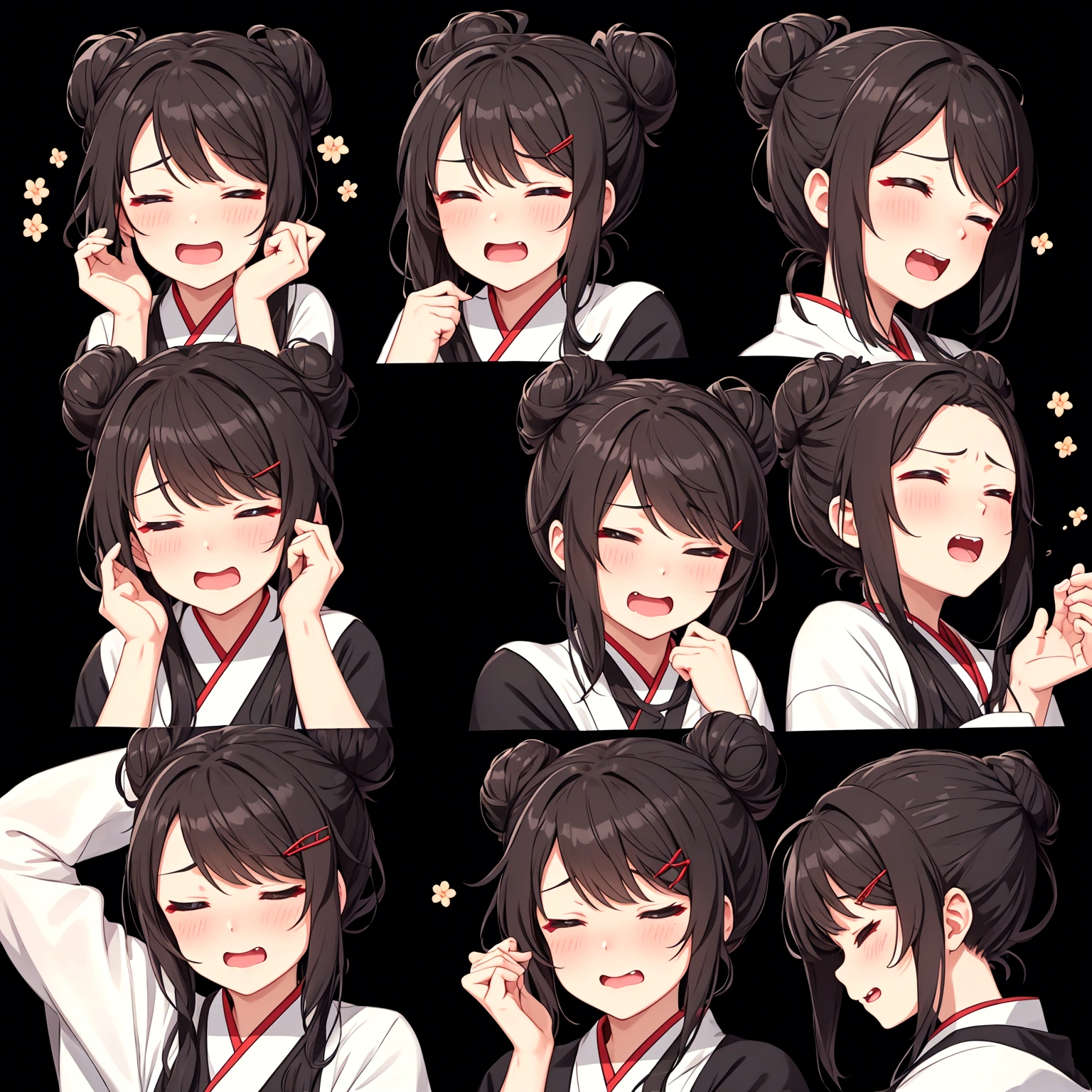 1 个Lovely的女孩，4 grids，4 emoji packs，4.Posture and expressions，sad，surprise，laughing out loud，anger，Suspect，Acting Lovely，Lovely，sleep，naughty，Contempt，Hanfu、Hair Bun、Hair accessories，Black stroke，Different emotions，8K