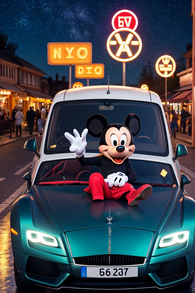 Crée une illustration de Mickey Mouse en style bling-bling. Mickey doit être assis sur le capot d'une voiture de luxe, comme une Rolls-Royce ou une Lamborghini. Il porte une chaîne en or massive autour du cou, des vêtements de marque Dior, et ses bras sont croisés. L'arrière-plan peut inclure un paysage urbain de nuit avec des néons et des gratte-ciels, ajoutant à l'atmosphère luxueuse et moderne. Assure-toi que Mickey a une attitude confiante et cool.