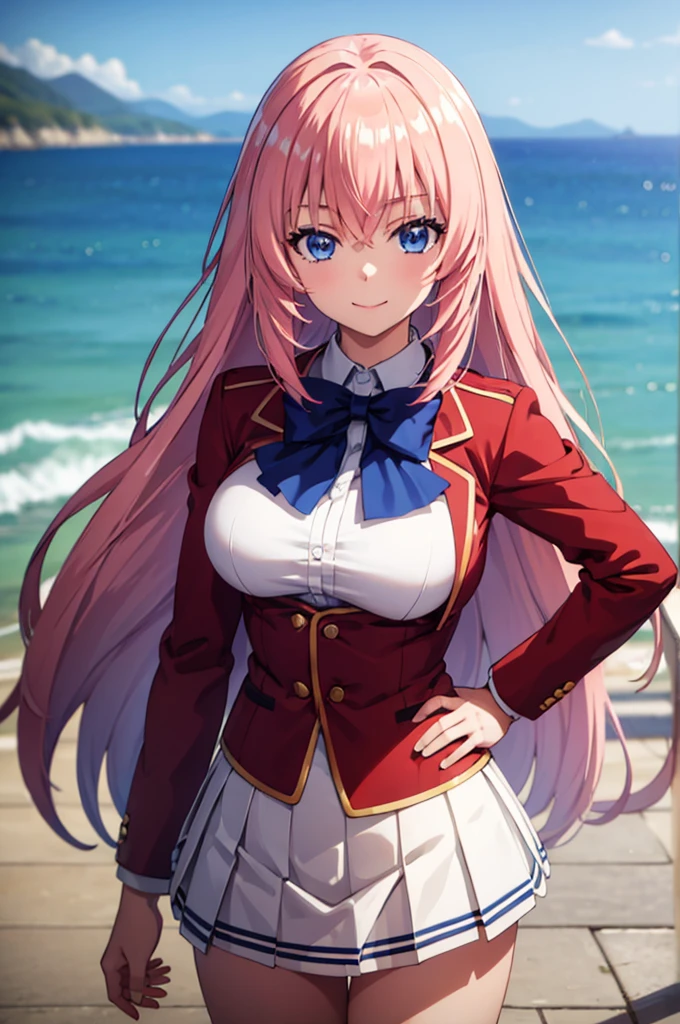 (masterpiece:1.3), (best quality:1.1), (8k, ultra detailed, ultra high res:1.2), ((anime style)), perfect 5 fingers, perfect ???????, hand on own hip, standing, (smile), 
1girl,
Ichinose honami \(youjitsu\),
long hair, pink hair, 
blue eyes, blue bow, large breasts, 
red jacket, long sleeves, white skirt, pleated skirt, black calf socks, 
BREAK (upper body:1.5), 
cowboy shot, perfect light, BREAK (detailed background:1.2), outdoor, outside, sea, sky, 