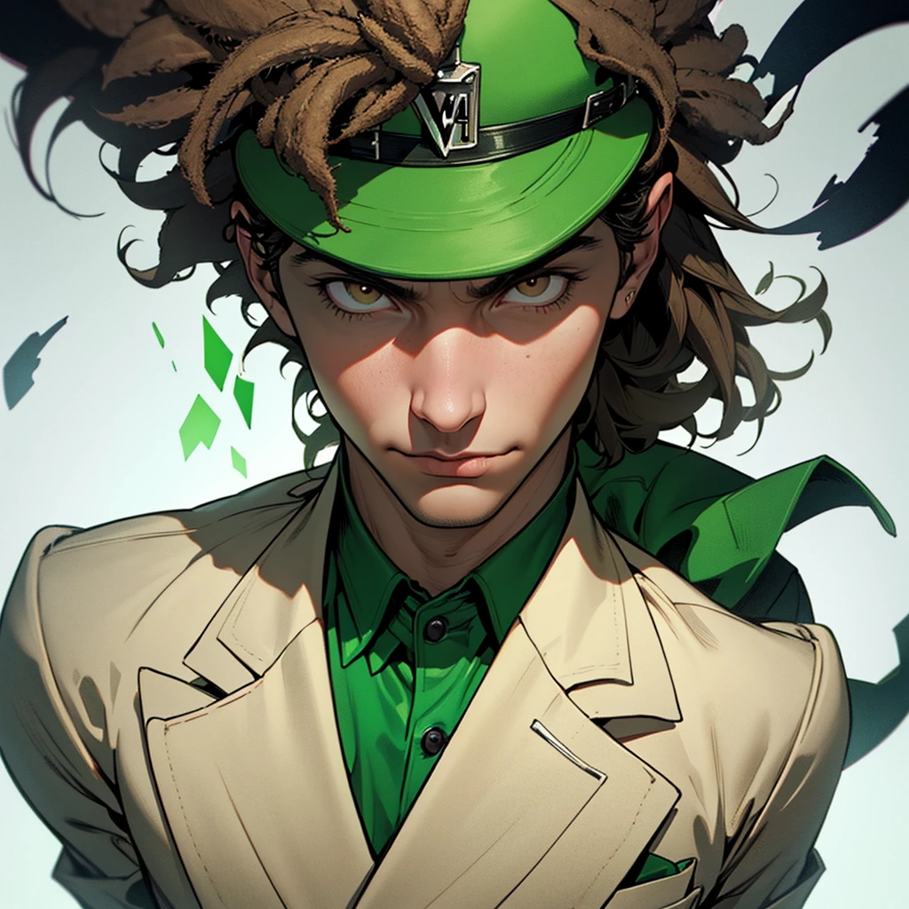 "Create an abstract art image in a monochromatic white and green color scheme, featuring the character Riddler as the focal point. The Riddler should be wearing a green bowler hat and a green blazer with white question marks. He should have dark skin, afro-textured hair, and brown eyes, with his face depicted in a mysterious, partially hidden manner.".