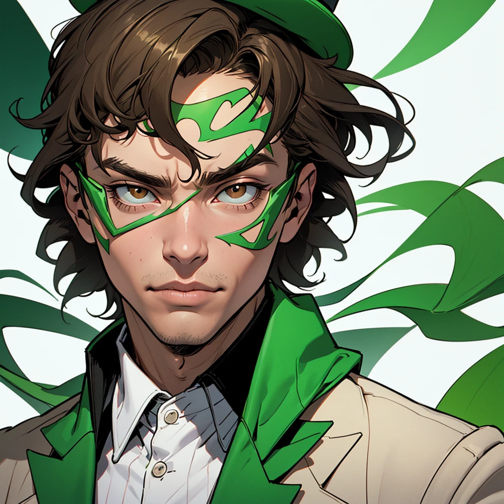 "Create an abstract art image in a monochromatic white and green color scheme, featuring the character Riddler as the focal point. The Riddler should be wearing a green bowler hat and a green blazer with white question marks. He should have dark skin, afro-textured hair, and brown eyes, with his face depicted in a mysterious, partially hidden manner.".