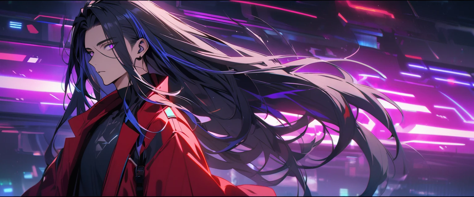Handsome, solo, 1 male, long hair, black hair, blue highlights on hair tips, purple eyes, black shirt, red robe, futuristic, cyberpunk