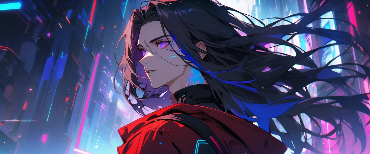 Handsome, solo, 1 male, long hair, black hair, blue highlights on hair tips, purple eyes, black shirt, red robe, futuristic, cyberpunk