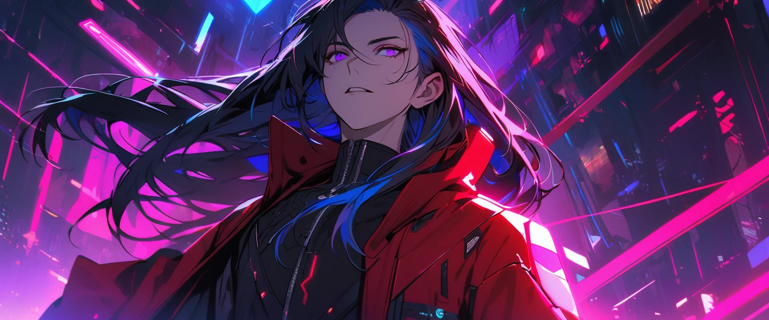Handsome, solo, 1 male, long hair, black hair, blue highlights on hair tips, purple eyes, black shirt, red robe, futuristic, cyberpunk