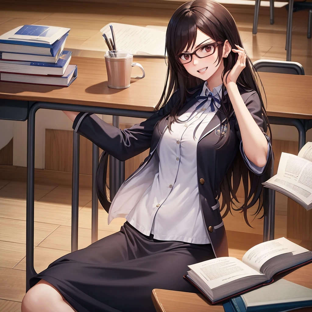 Your influencer character(milf) with long, dark hair dancing on a University Classroom, study table is full of books and notes . She is dressed in a University themed dress with glasses and has a joyful expression on her face.