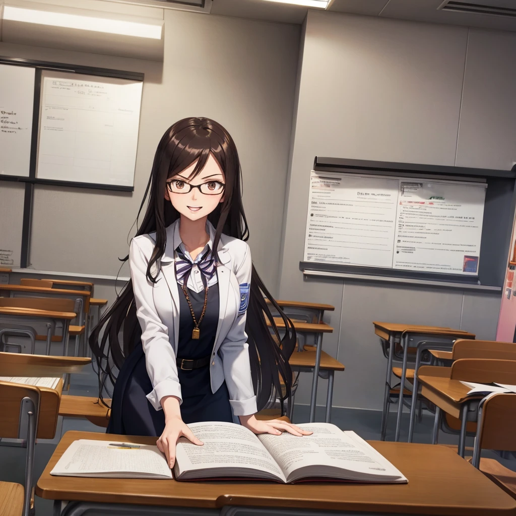 Your influencer character(milf) with long, dark hair dancing on a University Classroom, study table is full of books and notes . She is dressed in a University themed dress with glasses and has a joyful expression on her face.