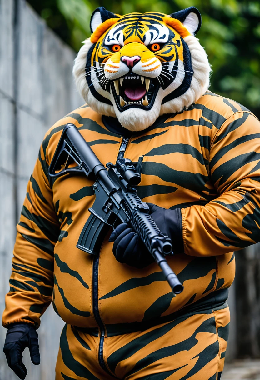 (a dark-skinned fat old man in a bulky camouflage zipper diver suit) holding a gun and (wearing roaring siberian tiger mask that show the wearer eyes), muscular, toned muscles, imposing stature, Basuki Abdullah, sumatraism, action, a character portrait, heroic, fierce, snarling