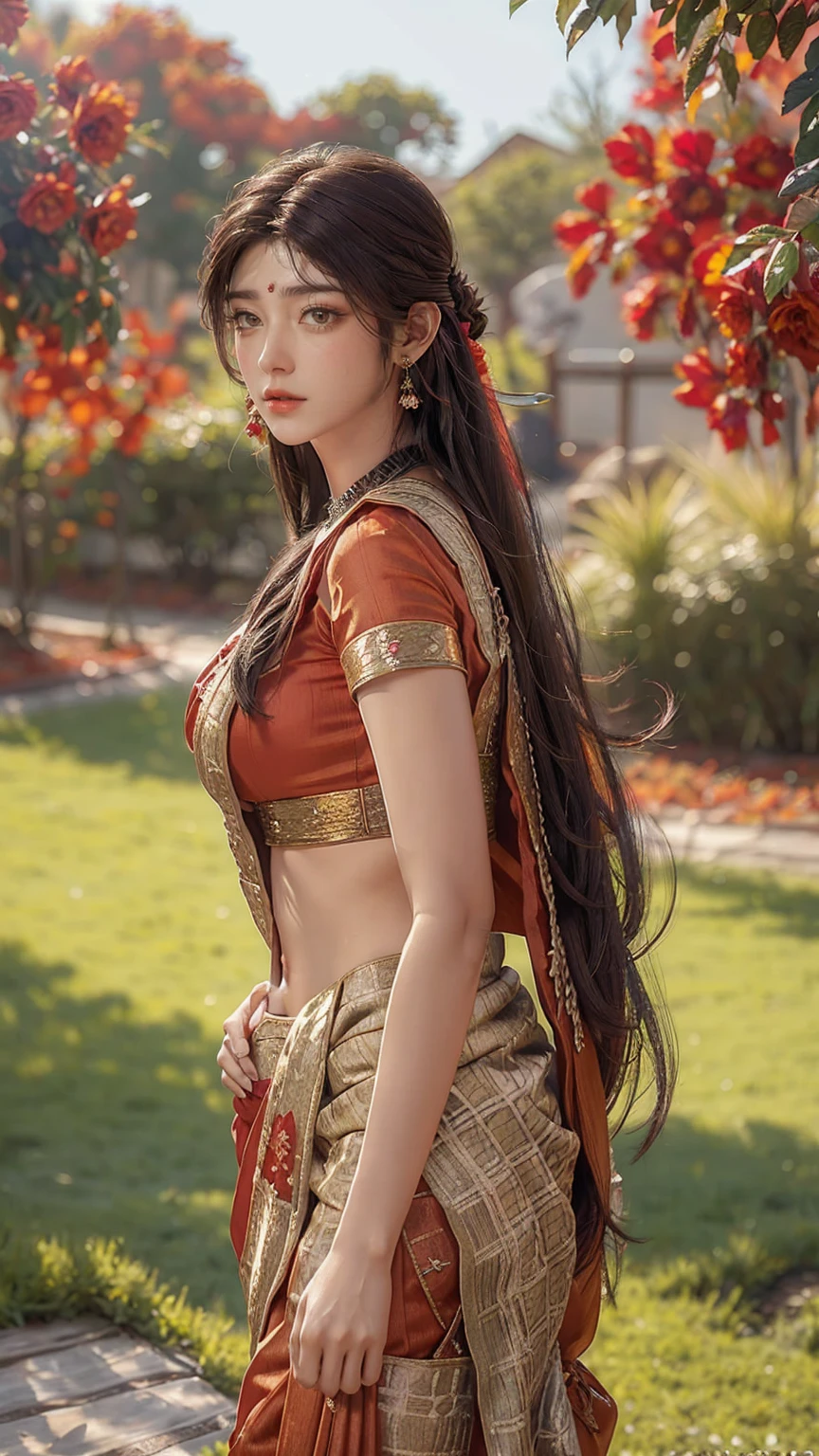 upper half body of (A hyper-realistic), (illustration), (high resolution), (8K), (highly detailed), (The best illustration of beautiful detailed image), (top-quality), (ultra-detailed), (​masterpiece), (beautiful attractive face), long hair, Earrings with bangs, ((20 year old Indian beautiful girl)) , (((wearing red Indian silk traditional sari ))) , (((Glamorous body))) , Elegant Pose, Seduction pose, Looking at the camera, garden background