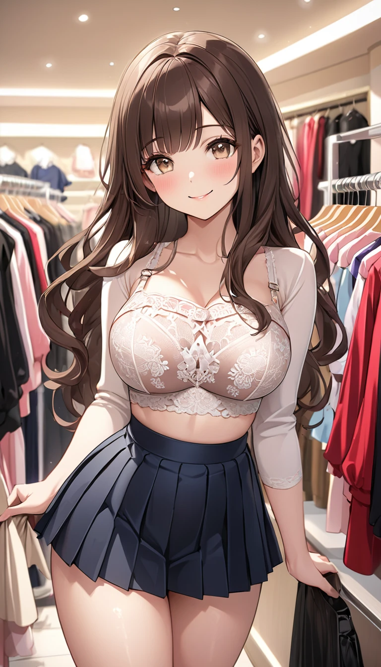 masterpiece, Highest quality, Very detailed, ,Fine details, Anime Style, One Girl, 22 years old, Cute face、bangs, Large Breasts、Big Ass、Tight waist、cowboy shot、Long Hair、Beautiful Eyes、Dark brown hair, Shiny Hair, Light brown eyes、Look at the photographer､ とってもCute face, A happy smile、Pleated skirt, lace tops, Selecting underwear in a lingerie shop、