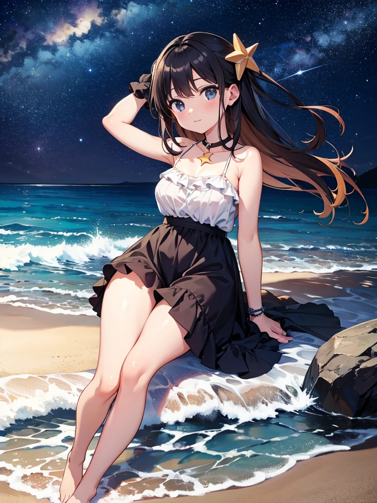Masterpiece, beautiful beach night view, starry, nigh time, a big falling star.