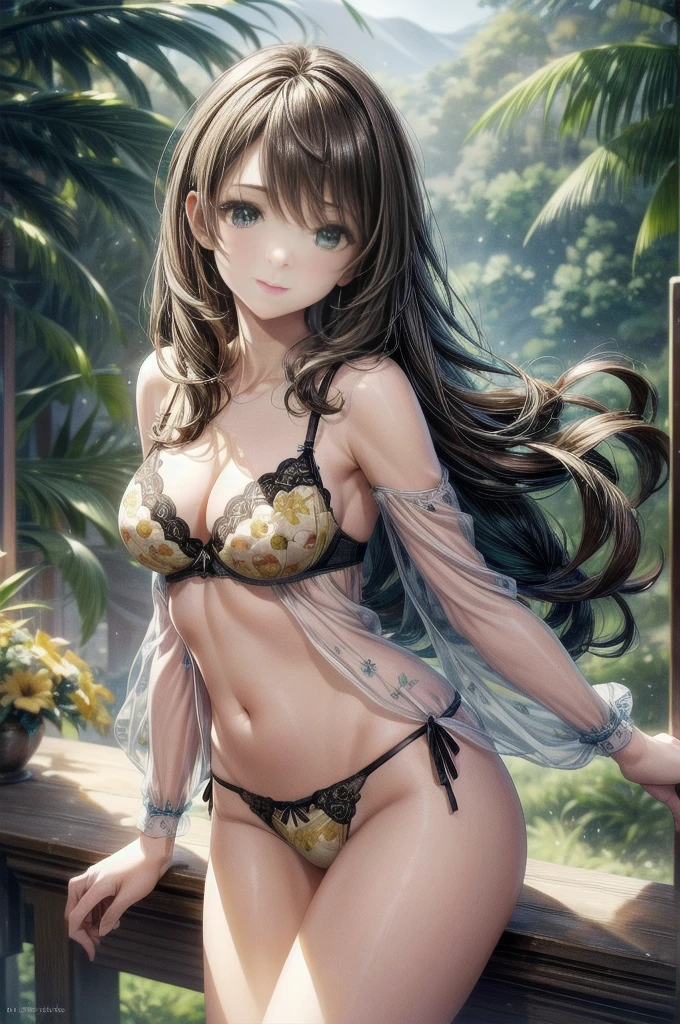 (masterpiece:1.3, Highest quality, Ultra-high resolution, Super detailed), (Realistic, photoRealistic:1.4), Beautiful illustrations, Perfect lighting, colorful, Depth of written boundary, Beautiful detailed hair, Beautifully detailed face, Beautiful fine details, Beautiful clavicle, Beautiful body, Beautiful breasts, Beautiful thighs, Beautiful feet, Beautiful fingers, View your viewers, 1 girl, Perfect Face, (Perfect Anatomy, Anatomically correct), Cute and symmetrical face, Baby Face, , Shiny skin, (Brown Hair), Hair between the eyes, Dark green eyes, Droopy eyes, Big eyes, Long Eyelashes, (((Luxury underwear)))、((Yellow floral underwear))),(bra、Embroidery pattern)、(((panties、Embroidery pattern)))、(Beautiful views), Bright lighting、smile、laughing,(((semen)))、(((The whole body is visible)))