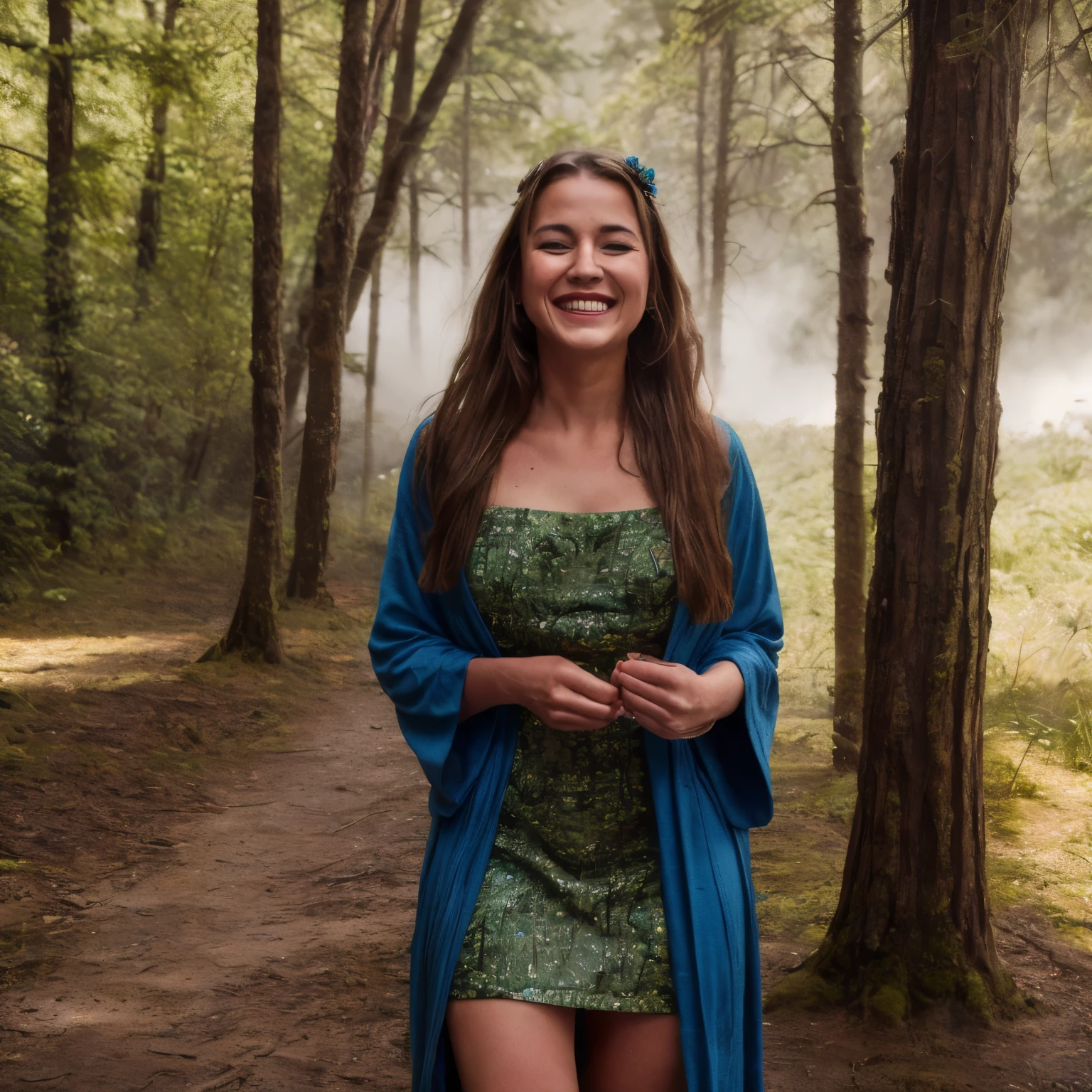 portrait of 1woman blond LaGermania happy curious slightly seductive smiling LaGermania poses for a chic calendar photoshoot on a remote island in Haida Gwaii, Canada during July. She stands amidst ancient rainforests and rugged coastlines, with mist-shrouded mountains and temperate beaches stretching to the horizon. LaGermania is having fun with herself, being silly like a , and making fun of herself. She wears a traditional Haida robe in hues of cedar bark brown and Pacific blue, its woolen fabric and native art motifs reflecting the cultural heritage of Canada's Haida First Nations. The Haida robe's draped design and carved buttons create a silhouette that resonates with the natural rhythms of the Pacific Northwest. Her hair, styled in a braided crown adorned with eagle feathers, adds a touch of indigenous elegance to her ensemble. She playfully twirls in her robe, her movements carefree and joyful. One moment, she holds the ends of her robe out like wings, pretending to fly. The next, she’s sticking out her tongue and crossing her eyes, her laughter echoing through the forest. The surroundings are lush and vibrant, with towering cedar and spruce trees draped in moss, creating a verdant canopy. Ferns and underbrush fill the forest floor, their green hues contrasting with the earthy tones of the robe. A weathered totem pole stands nearby, its carvings telling stories of the Haida people. LaGermania’s woven cedar bark basket, its intricate weave showcasing local craftsmanship, sits on the ground beside her, filled with wildflowers she gathered during her playful wanderings. The air is filled with the scent of damp earth and fresh pine, and the distant sound of waves crashing against the rocky shore adds a soothing rhythm to the scene. The lighting is soft and diffuse, with sunlight filtering through the mist and trees, casting a gentle glow on LaGermania’s face. Her expression is one of pure delight, her eyes sparkling with mischief and joy.