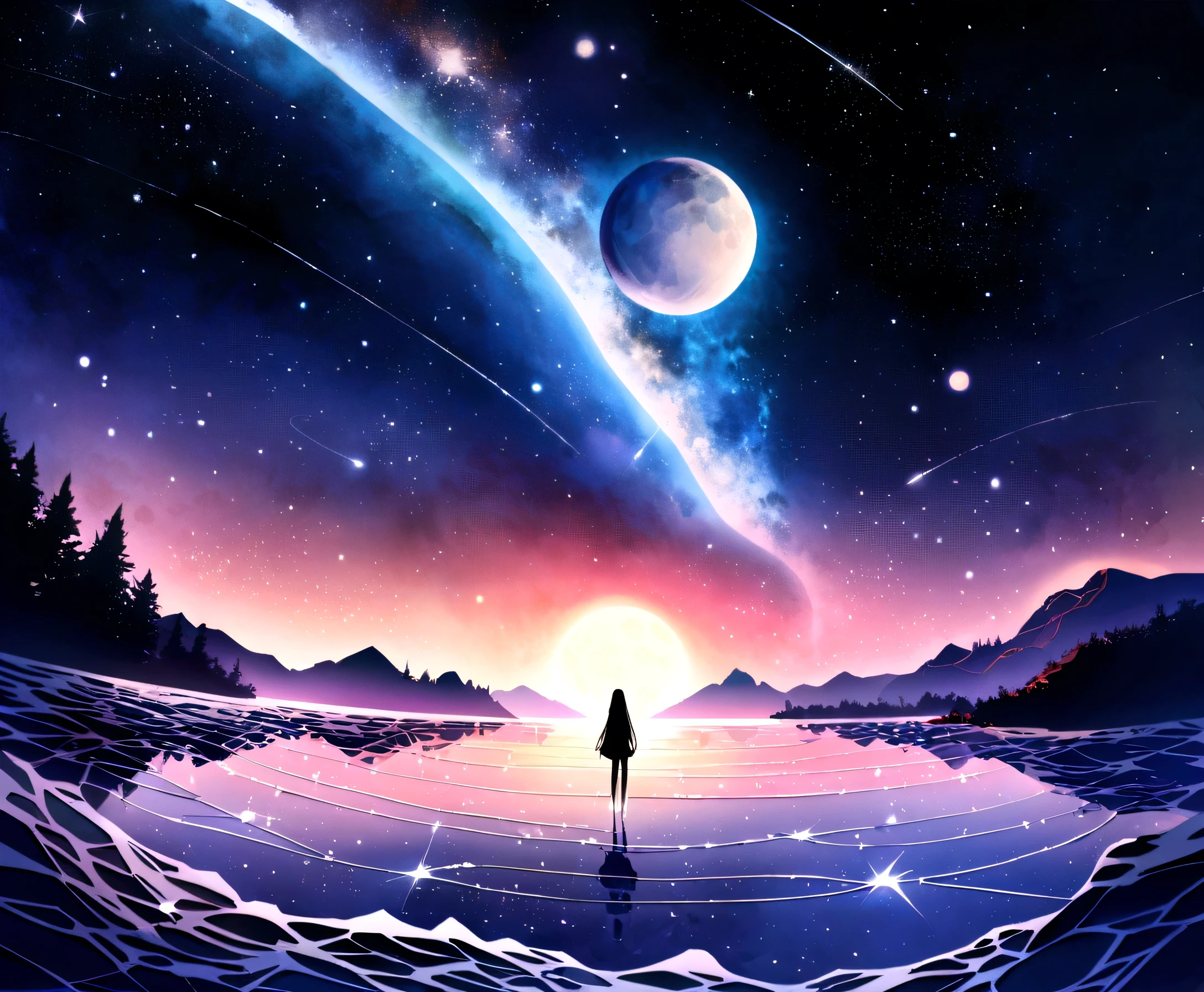 Detailed Moon,Detailed Earth,Night view,Serene atmosphere,Lunar Surface,Quiet Sea,Natural scenery,moonlight reflected on the water surface,artificial satellite orbiting the earth,A bright and shining star,celestial bodies in the sky,Wonders of the Universe,Calm waves,Stella Beauty,distant galaxy,The vast universe,Awe-inspiring views,Astronomical phenomena,Deep Universe,Mysterious Darkness,Quiet Solitude,Harmony,Peaceful exploration of the unknown,Lunar Surface Exploration Mission,Lunar Surface Landing,An unforgettable experience,Space Adventure,Scientific discoveries,Natural wonders,wonders of astronomy,Space Silence,starlight romance,Watercolor illustration,Photorealistic art,a moonlit dream,Fantastic landscape,Vibrant colors,The beauty of hypnosis,a painting-like image,impressive clarity,Soft glow,Dreamlike quality,Shining Star,atmosphere of the sky
