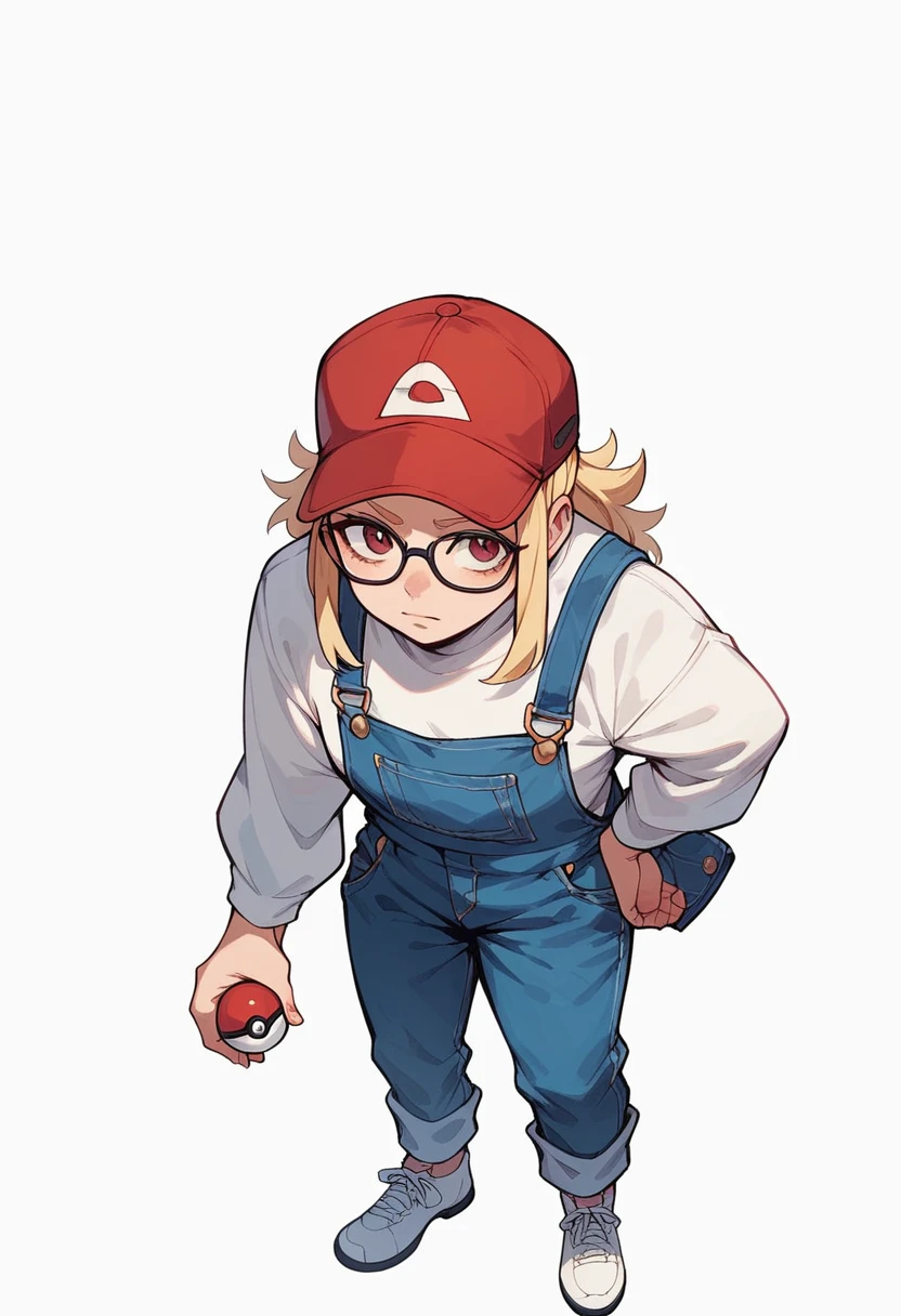 young woman with blonde hair, red cap, wears black colour glasses, horizontal white & grey stripey sweater, blue overalls, white shoes, holding poke ball