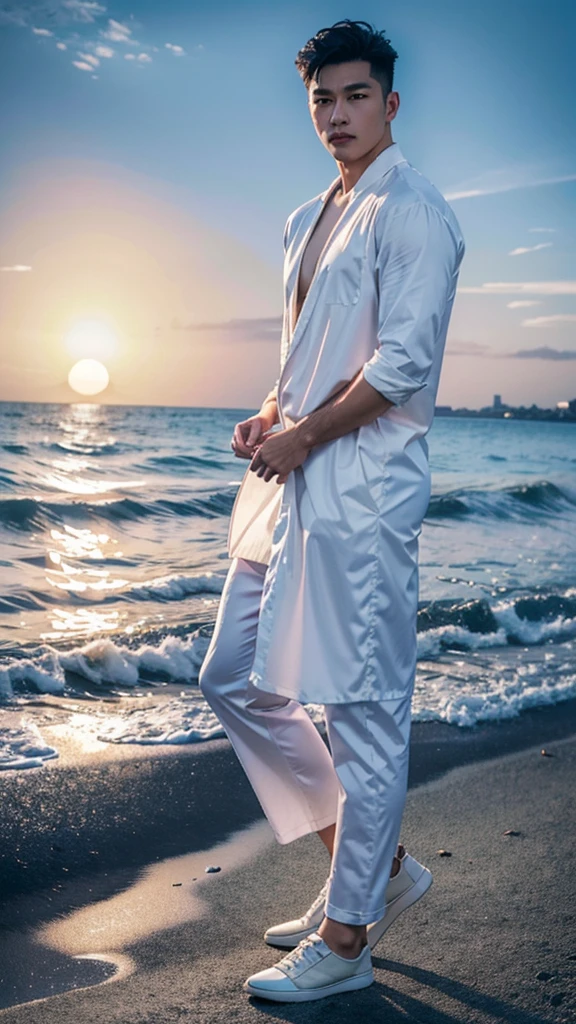 Best quality,masterpiece,ultra high res, full body, photorealistic:1.4,a very handsome Asian man, wearing shirt outfit, casual shoes. magazine cover, outdoor,  as if a mans shower gel advertisement, active, clowded,  candid camera,robe,beach,meditation,landscape,from side,sunset,wind    