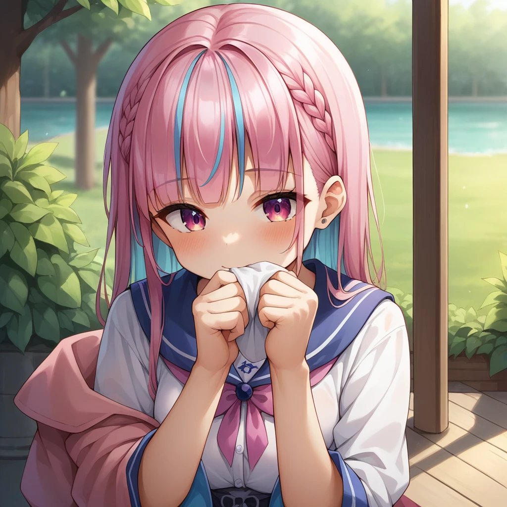 score_9, score_8_wonderful, anime, NSFW Hololive,Minato Akua, Pink hair, smelling one's own armpits, smelly armpits, huge breasts, huge butt, easy-to-give-birth body type, armpit hair, toilet, disgusted face, crying face, panties aside, pussy, pussy juice, 1boy kiss, vaginal penis, fat man, creampie