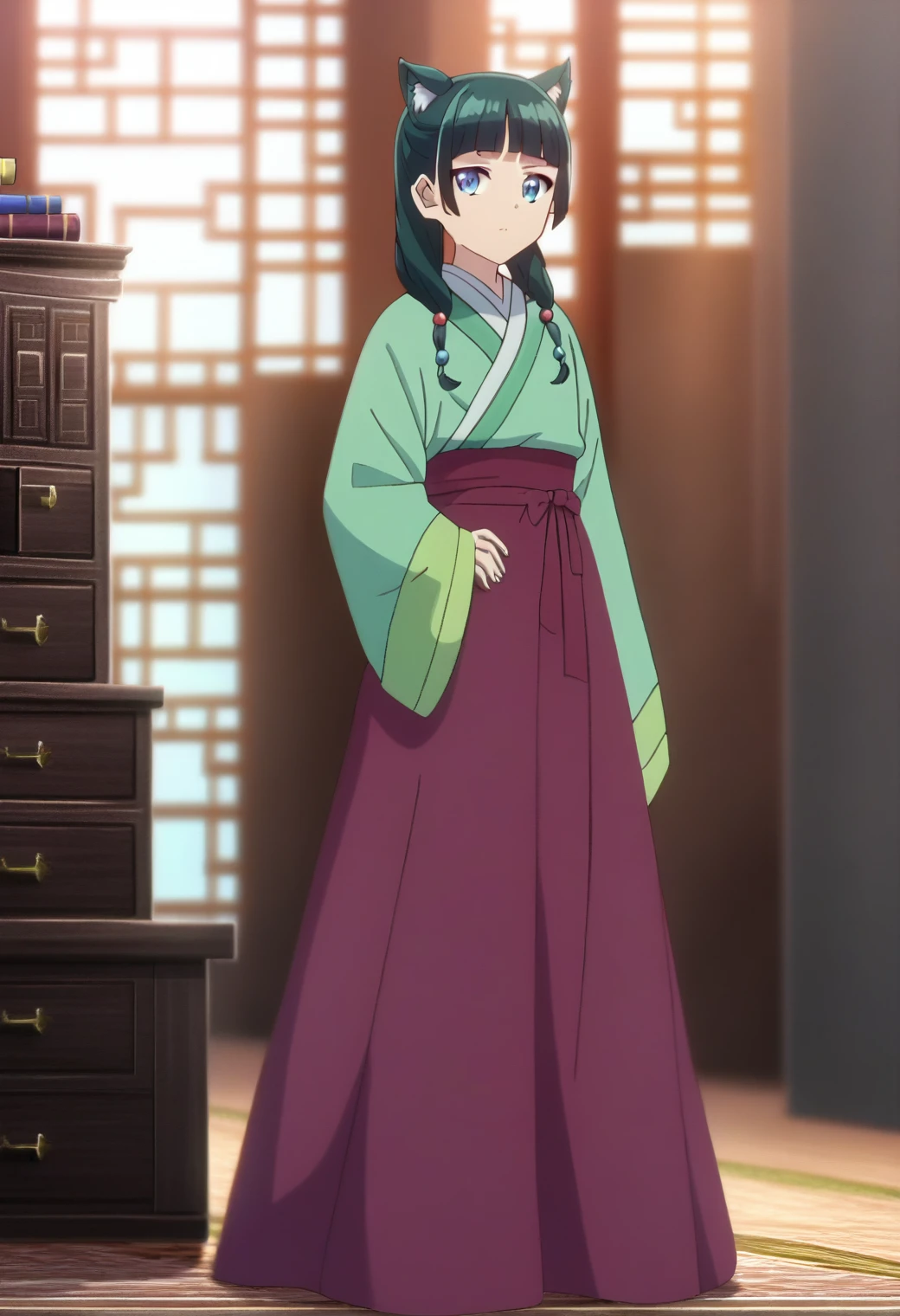 1girl, maomao, solo, green hair, long hair, blue eyes,hair ornament,cat ears, BREAK
blurry foreground, bookshelf, closed mouth, depth of field, light green hanfu, default clothes, chinese clothes, long sleeves, wide sleeves, red hakama, default hairstyle, sidelocks, blunt bangs, hair beads, hair over shoulder, standing, low twintails, BREAK
score_9, score_8_up, score_7_up, score_6_up, anime, BREAK
(high quality, detailed, beautiful), shiny, detailed beautiful eyes, outstanding, countershading, detailed soft lighting, standing, hand on hip, full body