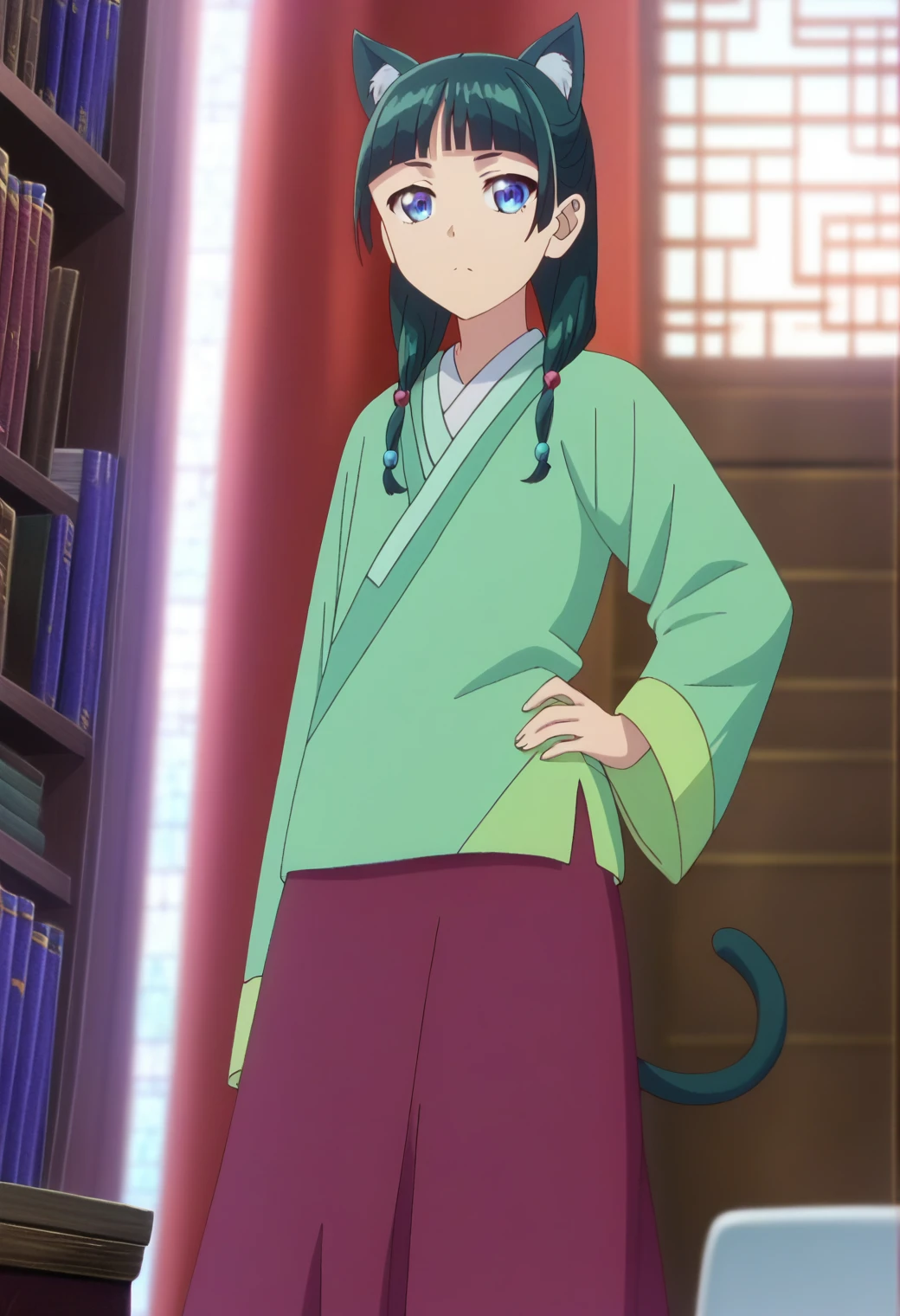 1girl, maomao, solo, green hair, long hair, blue eyes,hair ornament,cat ears, BREAK
blurry foreground, bookshelf, closed mouth, depth of field, light green hanfu, default clothes, chinese clothes, long sleeves, wide sleeves, red hakama, default hairstyle, sidelocks, blunt bangs, hair beads, hair over shoulder, standing, low twintails, BREAK
score_9, score_8_up, score_7_up, score_6_up, anime, BREAK
(high quality, detailed, beautiful), shiny, detailed beautiful eyes, outstanding, countershading, detailed soft lighting, standing, hand on hip, full body