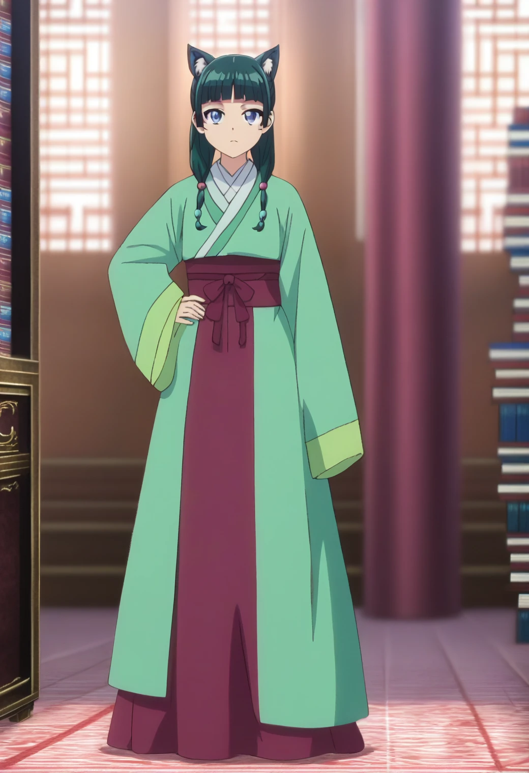 1girl, maomao, solo, green hair, long hair, blue eyes,hair ornament,cat ears, BREAK
blurry foreground, bookshelf, closed mouth, depth of field, light green hanfu, default clothes, chinese clothes, long sleeves, wide sleeves, red hakama, default hairstyle, sidelocks, blunt bangs, hair beads, hair over shoulder, standing, low twintails, BREAK
score_9, score_8_up, score_7_up, score_6_up, anime, BREAK
(high quality, detailed, beautiful), shiny, detailed beautiful eyes, outstanding, countershading, detailed soft lighting, standing, hand on hip, full body