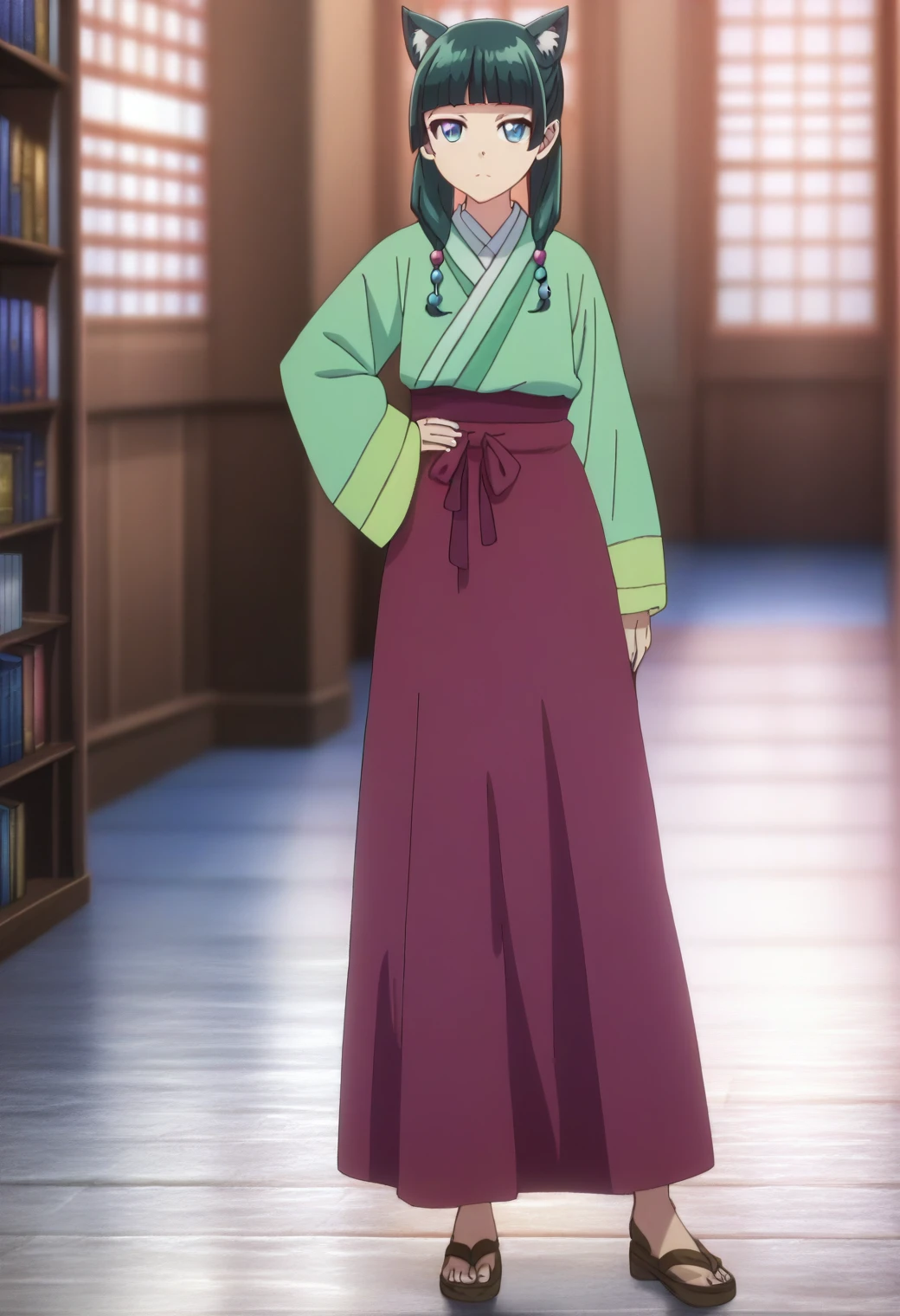 1girl, maomao, solo, green hair, long hair, blue eyes,hair ornament,cat ears, BREAK
blurry foreground, bookshelf, closed mouth, depth of field, light green hanfu, default clothes, chinese clothes, long sleeves, wide sleeves, red hakama, default hairstyle, sidelocks, blunt bangs, hair beads, hair over shoulder, standing, low twintails, BREAK
score_9, score_8_up, score_7_up, score_6_up, anime, BREAK
(high quality, detailed, beautiful), shiny, detailed beautiful eyes, outstanding, countershading, detailed soft lighting, standing, hand on hip, full body