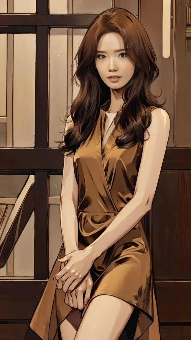 Beautifull, Toned, Korean woman, toned body, slim legs, silk dress, gorgeous, Side parted hair, Gardencore, Comic Artstyle 2D