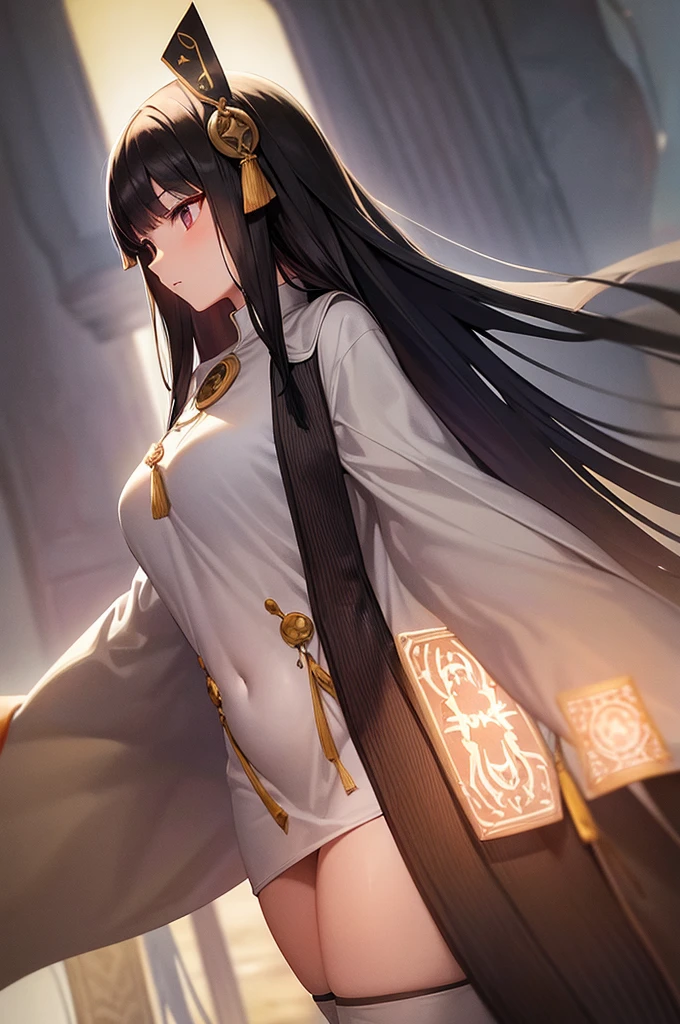 fantasy, semi-realistic, long black hair, female human, priestess, gray eyes, red and white robes, thick tights, wide hips, forest background, neutral expression, middle parted fringe, arms on sides, medieval fantasy, standing,