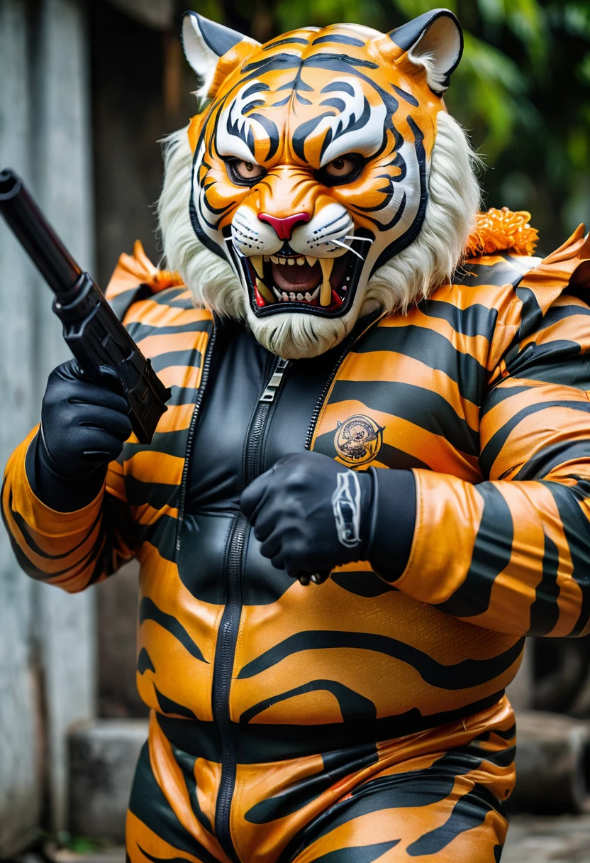 (a dark-skinned fat old man in a bulky camouflage zipper diver suit) (wearing roaring siberian tiger mask that show the wearer eyes), thumbs up, holding a gun, muscular, toned muscles, imposing stature, Basuki Abdullah, sumatraism, action, a character portrait, heroic, fierce, snarling