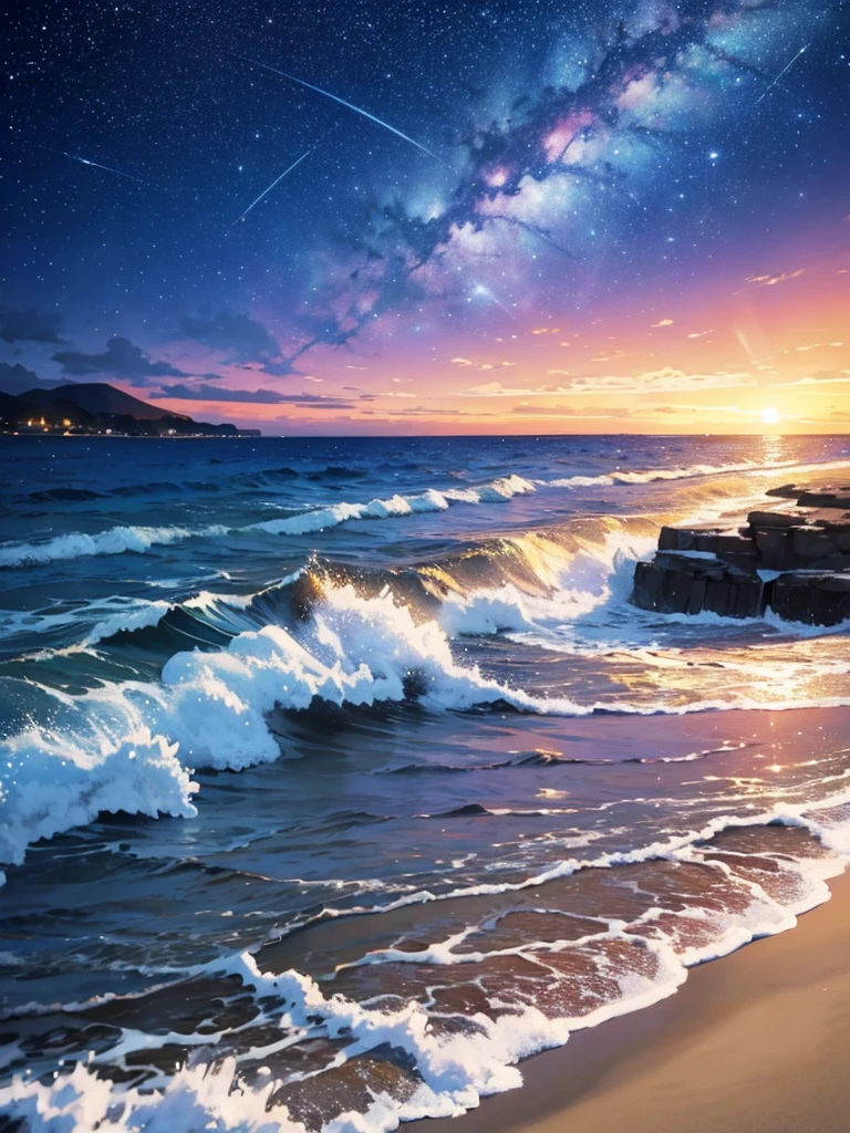 Masterpiece, beautiful beach night view only, no human, starry night, nigh time, a big falling star.