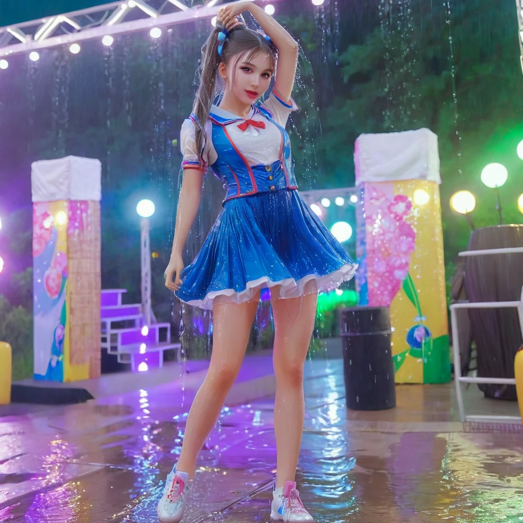 (Full body portrait:1.1)、A beautiful young idol girl with twin tails is dancing on an outdoor stage in the rain、In idol-like costumes、(Highest quality、4K、8K、High resolution、masterpiece:1.2)、Super detailed、(Real、Photorealistic、Photorealistic:1.37)、Delicate facial features、Highly detailed eyes and face、Complex hairstyles、Expressive pose、Colorful stage lights、Dynamic Performance、Bright colors、Glowing Skin、Professional photography、soakingwetclothes