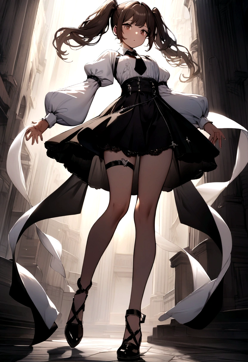 Dark brown hair styled with two pigtails, two black ties, white shirt with transparent white long puffed sleeves, black straps that connect to her black skirt with white details at the end. black shoes with white details