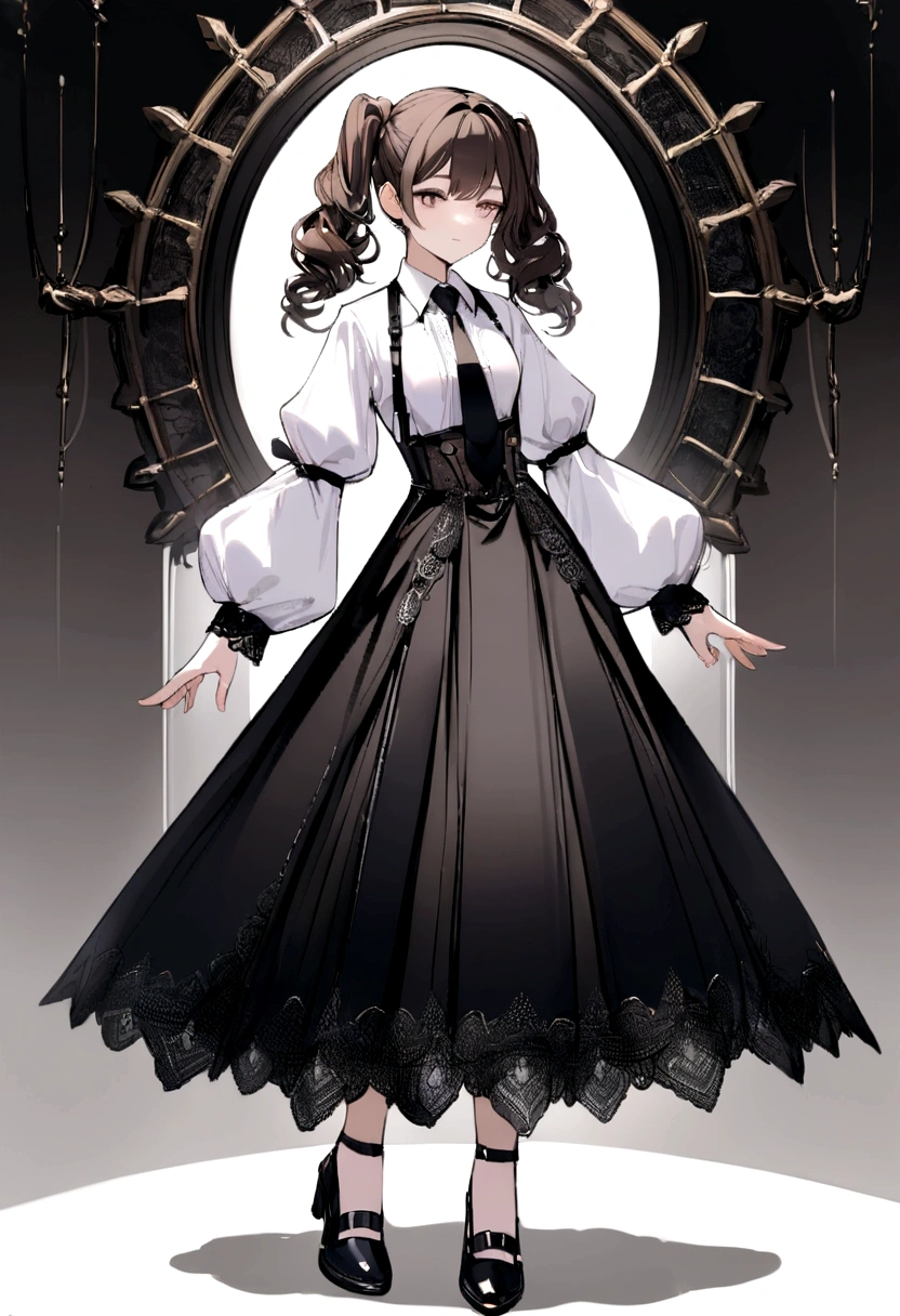 Dark brown hair styled with two pigtails, two black ties, white shirt with transparent white long puffed sleeves, black straps that connect to her black skirt with white details at the end. black shoes with white details