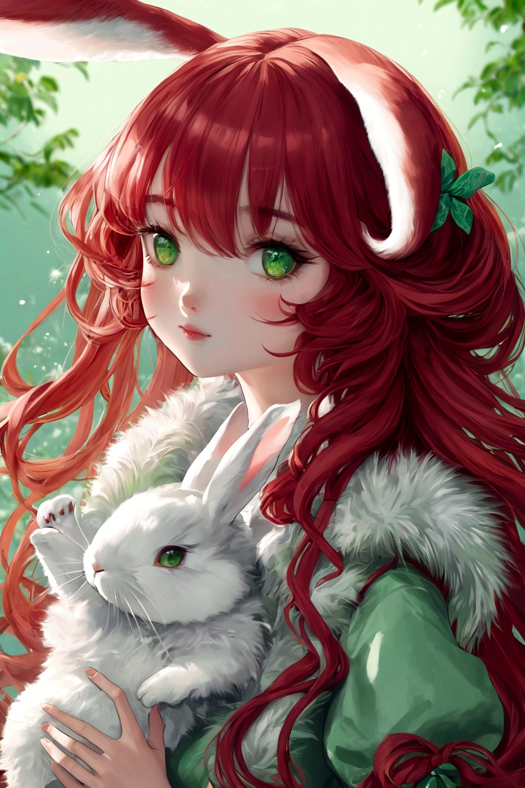 1 girl, Hair:Long red wavy, Eyes:bright greens, fur:light with rosy cheeks, Genre:female, with rabbit ears and tail