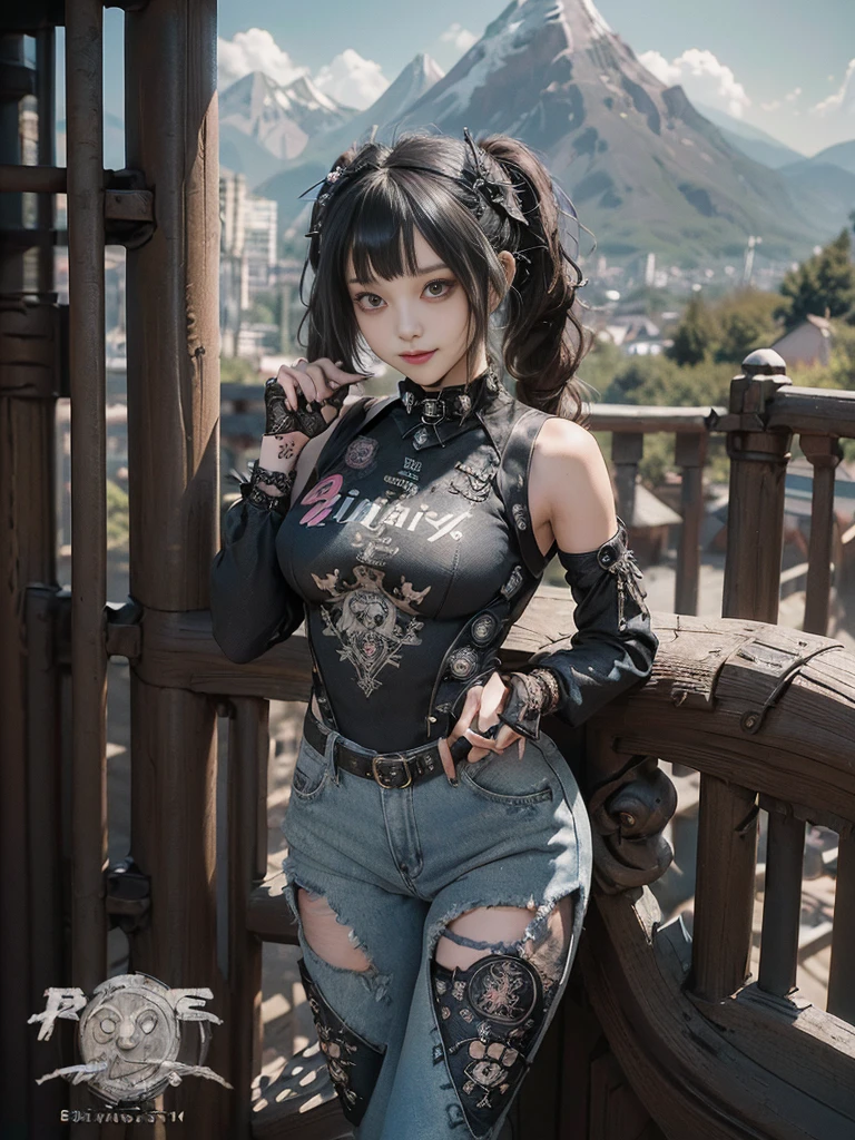 (Full Body View:1.4)、(Full body:1.3)、(Smiling with teeth showing:1.3),(Shibuya Gal:1.5)、(Beautiful:1.3)、(Gothic Lolita style fashion:1.5)、(Punk RockVisual Kei:1.5)、(Wearing a rhythmic gymnastics bodysuit with intricate details:1.4)、(Racing suit and pants with intricate decoration in beige, denim and charcoal:1.5)、(Denim and black and brown boots:1.3)、((belt))、(Numerous delicate logo marks all over the costume:1.4)、(collar:1.3)、(Polka dot underwear:1.5)、20-year-old、NSFW、((Highest quality、In 8K、masterpiece:1.3))、Sharp focus:1.2、(Layered Cut、Huge boobs:1.1),Beautiful woman with perfect figure:1.4、(do a gravure pose:1.3)、Slender Abs:1.2、Highly detailed face and skin texture、Detailed eyes、double eyelid,(Twin tails:1.3)、(Black brown hair:1.3)、Gravure idol、(The background is a vast mountain々Beautiful European tourist destinations:1.3)、(Slim body:1.3),(Make your legs thinner:1.4),（clavicle:1.1）