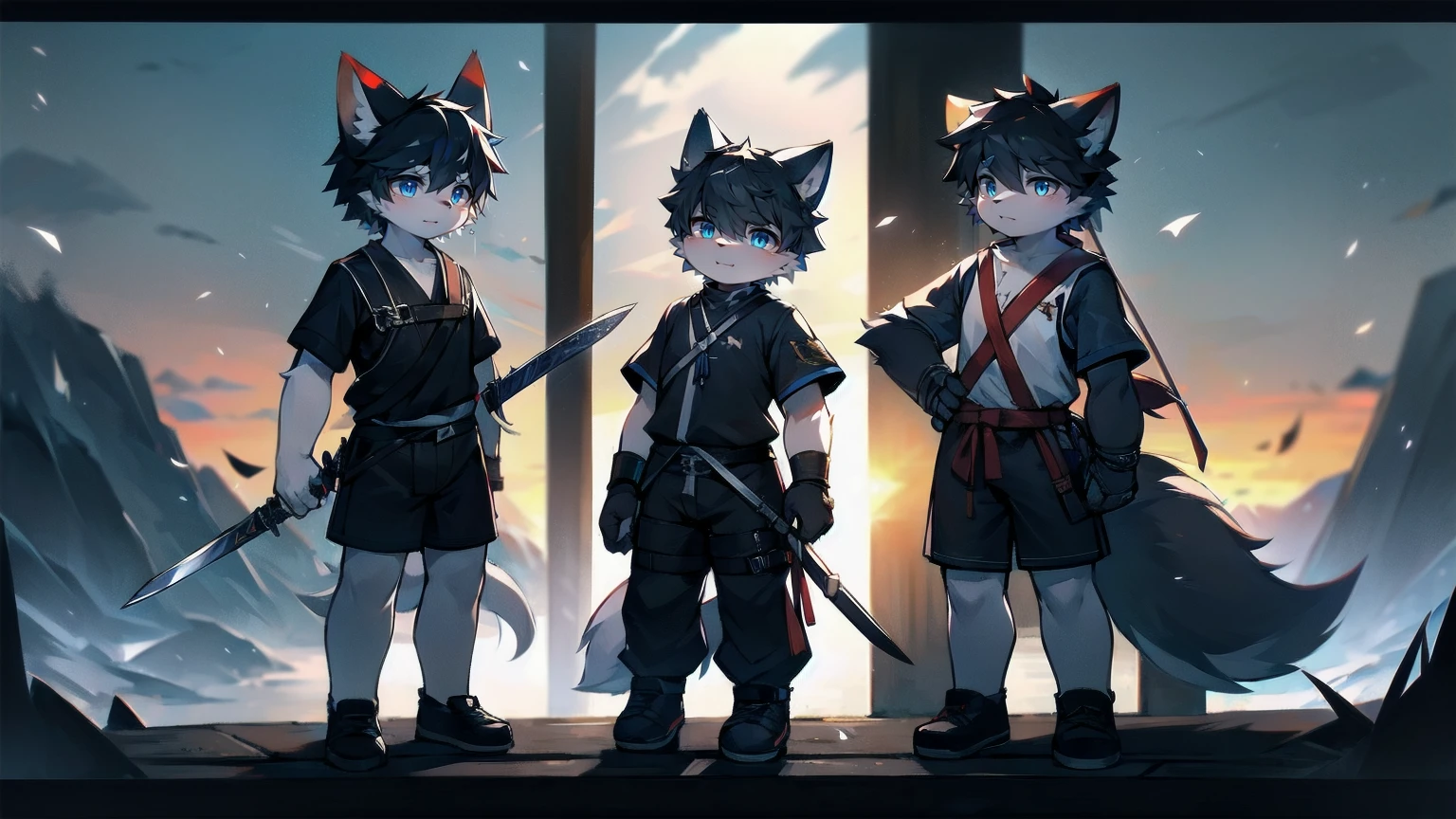 White Wolf,black hair,Sky blue eyes,hairy,Wolf ears,Wolf tail,Full body portrait,The character is in the center of the frame,Handsome,Confident eyes,male,juvenile,Black and white combat uniform,Red neck bib,Black shorts,Short sleeve,hairy arms and legs,Dark background,Dark battlefield,dawn,sunrise,dawn,illumination,shadow,Swordsman,Scabbard and sword,Hold the hilt of a sword in your hand,The scabbard is at the waist,Highest quality,only one people