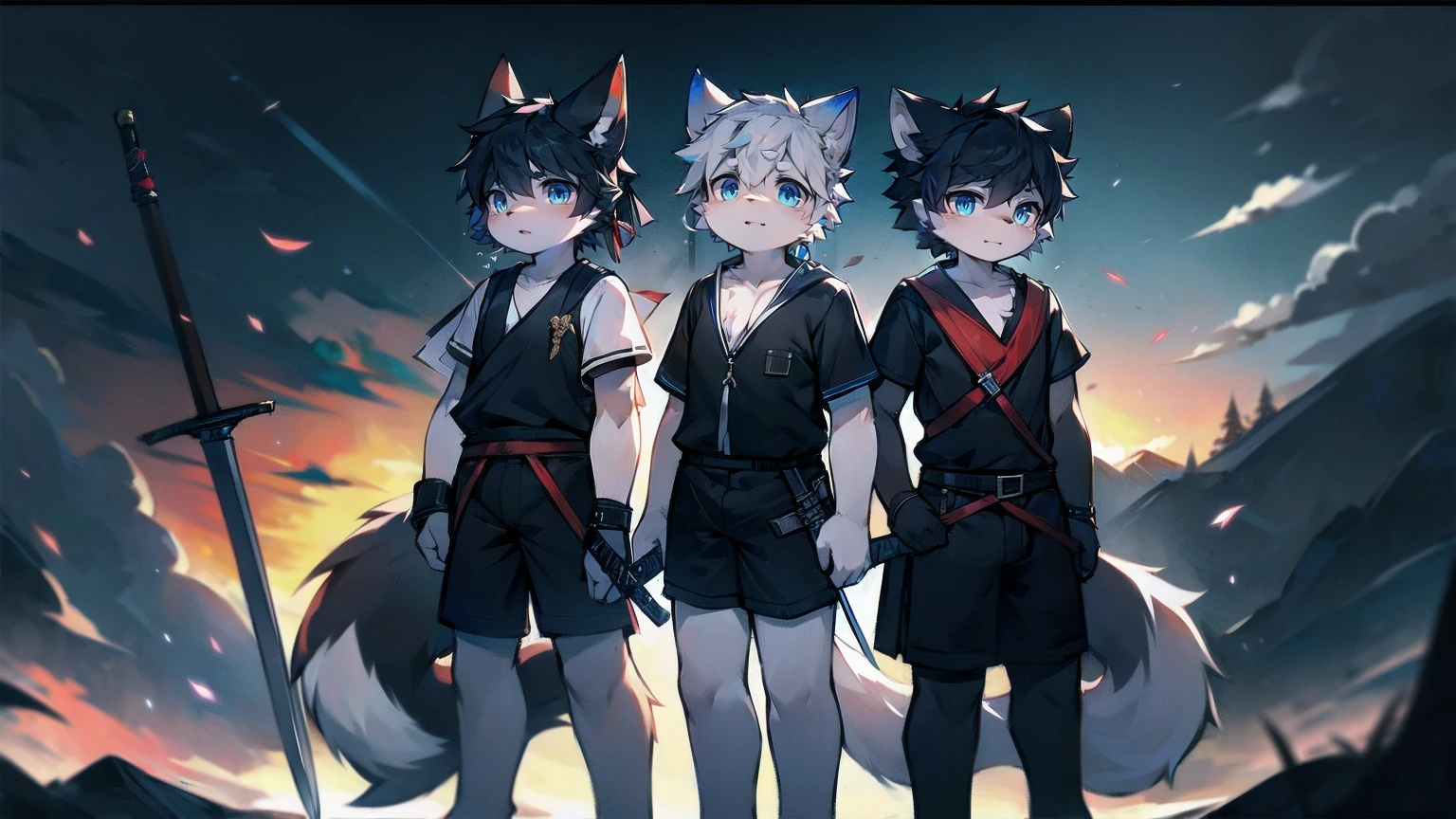 White Wolf,black hair,Sky blue eyes,hairy,Wolf ears,Wolf tail,Full body portrait,The character is in the center of the frame,Handsome,Confident eyes,male,juvenile,Black and white combat uniform,Red neck bib,Black shorts,Short sleeve,hairy arms and legs,Dark background,Dark battlefield,dawn,sunrise,dawn,illumination,shadow,Swordsman,Scabbard and sword,Hold the hilt of a sword in your hand,The scabbard is at the waist,Highest quality,only one people