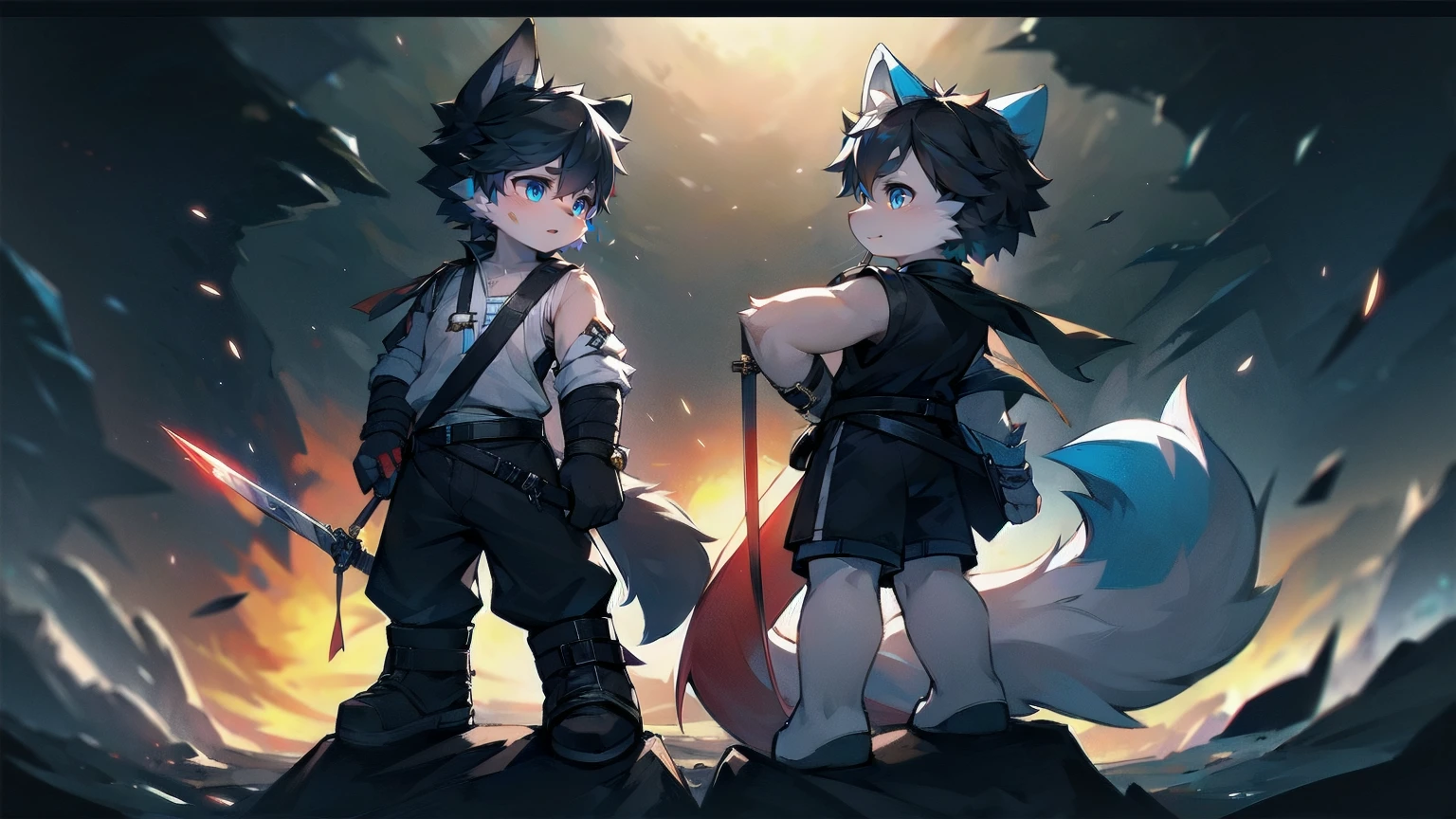 White Wolf,black hair,Sky blue eyes,hairy,Wolf ears,Wolf tail,Full body portrait,The character is in the center of the frame,Handsome,Confident eyes,male,juvenile,Black and white combat uniform,Red neck bib,Black shorts,Short sleeve,hairy arms and legs,Dark background,Dark battlefield,dawn,sunrise,dawn,illumination,shadow,Swordsman,Scabbard and sword,Hold the hilt of a sword in your hand,The scabbard is at the waist,Highest quality,only one people
