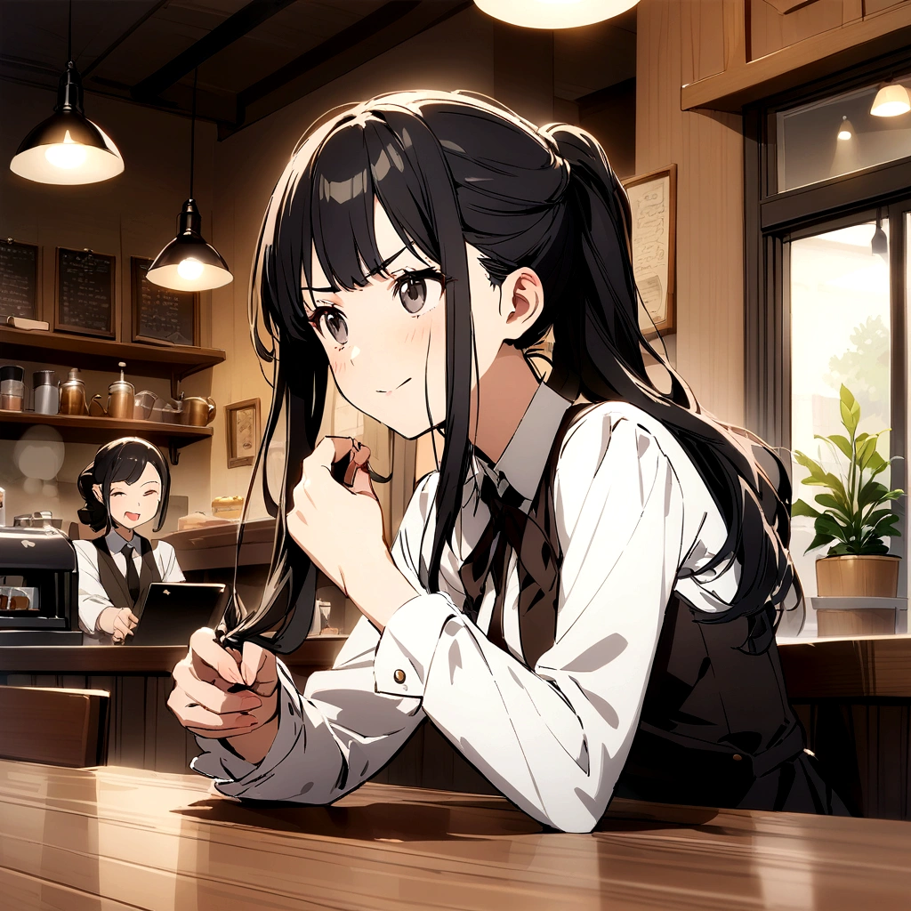 girl, Black Hair, sister, Tie her hair into a ponytail、Laughing at the speaker, High-quality images, Tabletop, beautiful girl, Cafe,