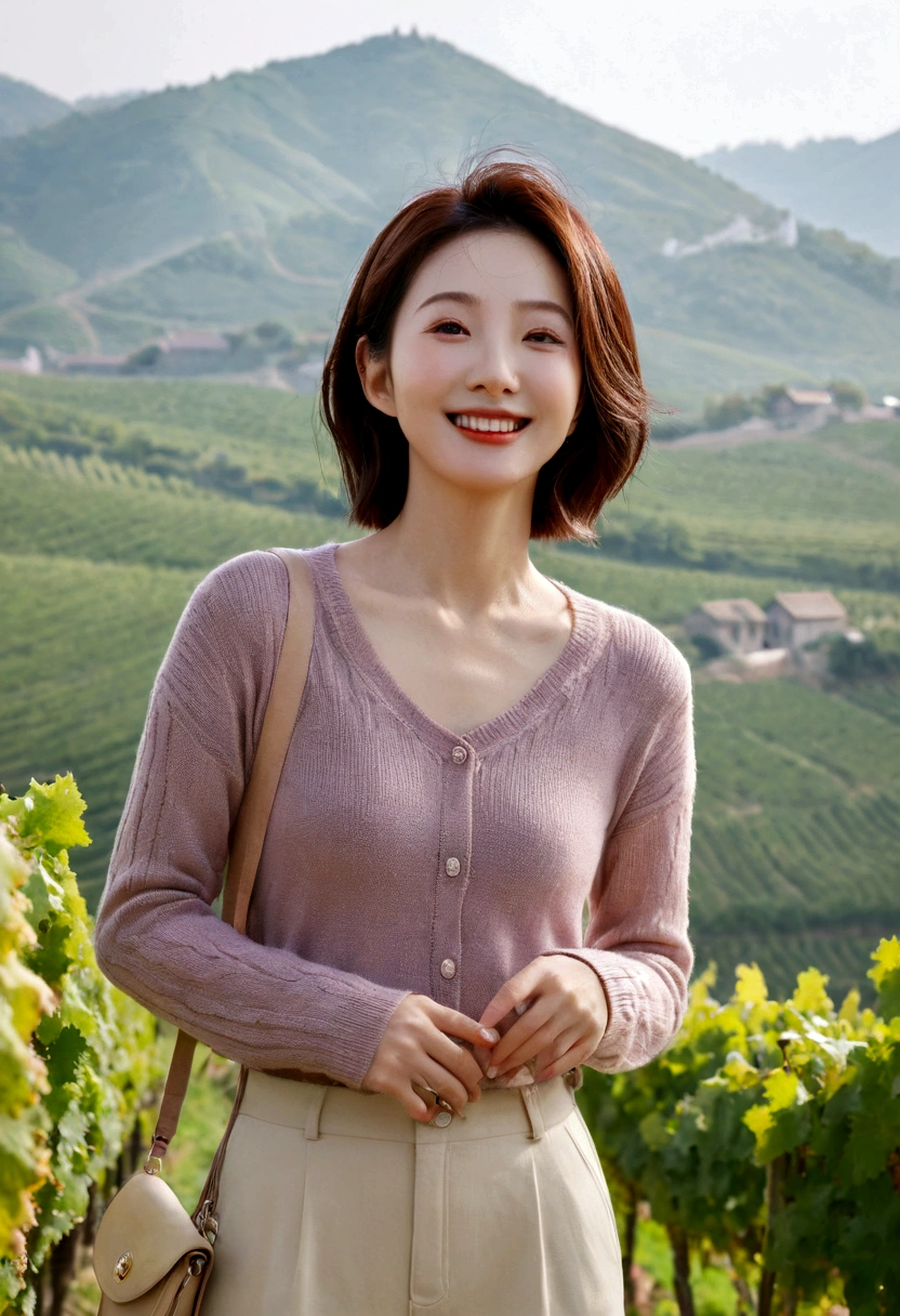 8k best picture quality, Beautiful 36-year-old Korean woman, I have good skin and clear and pretty eyes.. clear and nice weather. Chest size 34 inches, italian countryside, past the vineyard, The cathedral is visible in the fog in the distance., The back background is realistic and vivid image quality, Short and medium hair blowing in the wind, Wearing high-end luxury knitwear. casual pants, Smile. the background is clear, Short and slim Korean woman, stand far away, Photo taken with a wide-angle lens, 1 woman