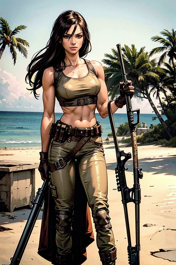 a military woman, well trained body, white sleeveless t-shirt, Exposed collarbone, beige leather shelter, blue pants, two leather belts with gun pockets, dark brown hair, carving, Brown eyes, hazel left eye, left eye with a scar, beach shore, at daytime, walking towards the viewer, serious expression, threatening expression looking at viewer, raising an eyebrow, sparkling beach, palm trees around, leather gloves on his hands, In a post-apocalyptic environment, post - apocalyptic cowgirl, Post - Apocalyptic style, Post apocalyptic clothing, pose, post-apocalyptic, Postapocalyptic style, post apocalyptic grunge, Post - Apocalyptic Scavenger. (Ultra quality) 8k quality, detailed, perfect light, perfect angle, perfect sharpness.