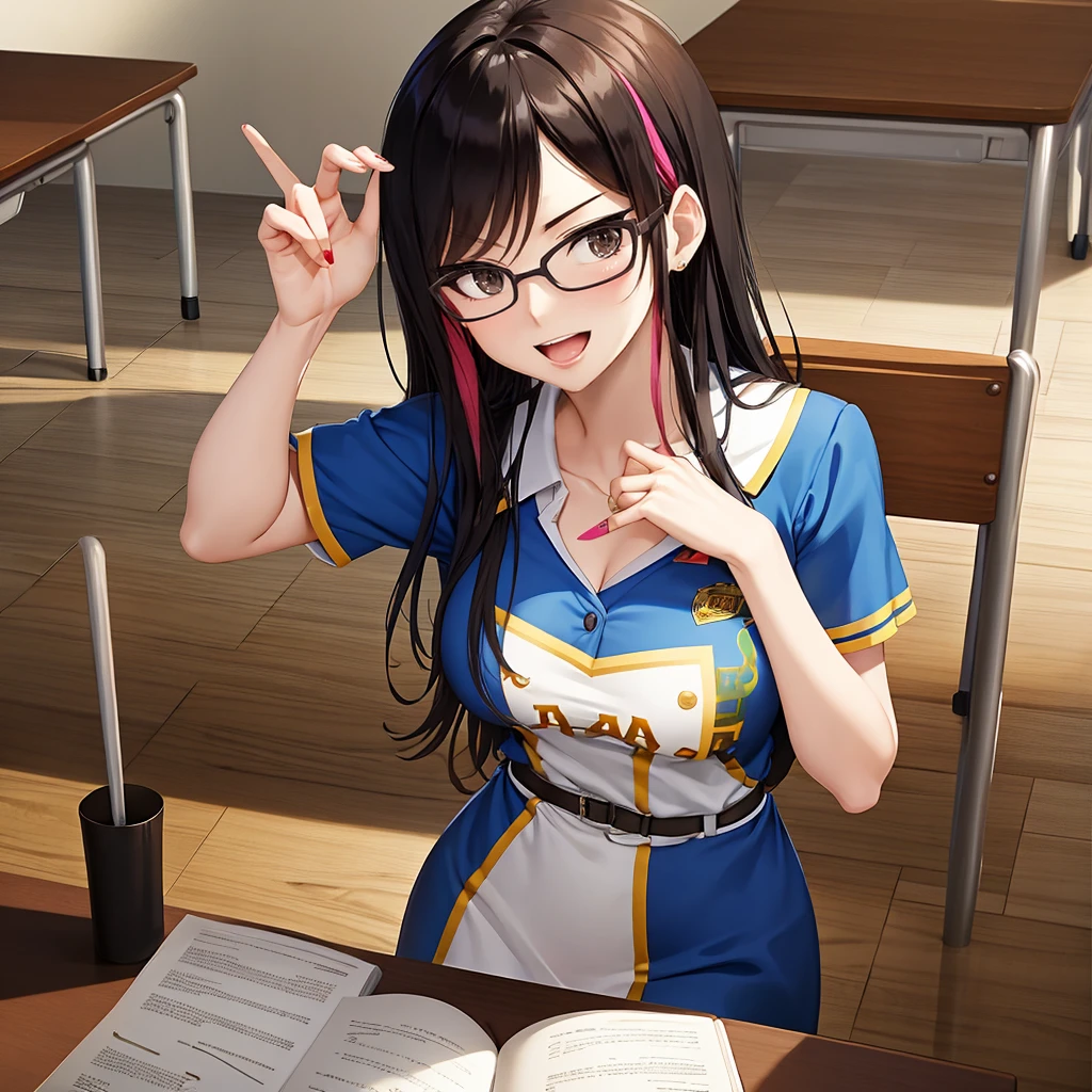 Your influencer character(milf) with long, dark hair dancing on a University Classroom, study table is full of books and notes . She is dressed in a University themed dress with glasses and has a joyful expression on her face. colourful and bright colouring. 