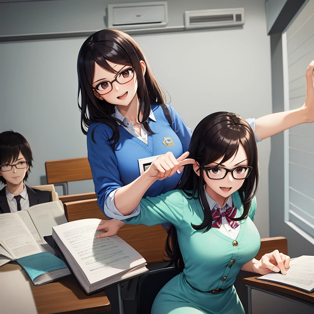 Your influencer character(milf) with long, dark hair dancing on a University Classroom, study table is full of books and notes . She is dressed in a University themed dress with glasses and has a joyful expression on her face. colourful and bright colouring. 