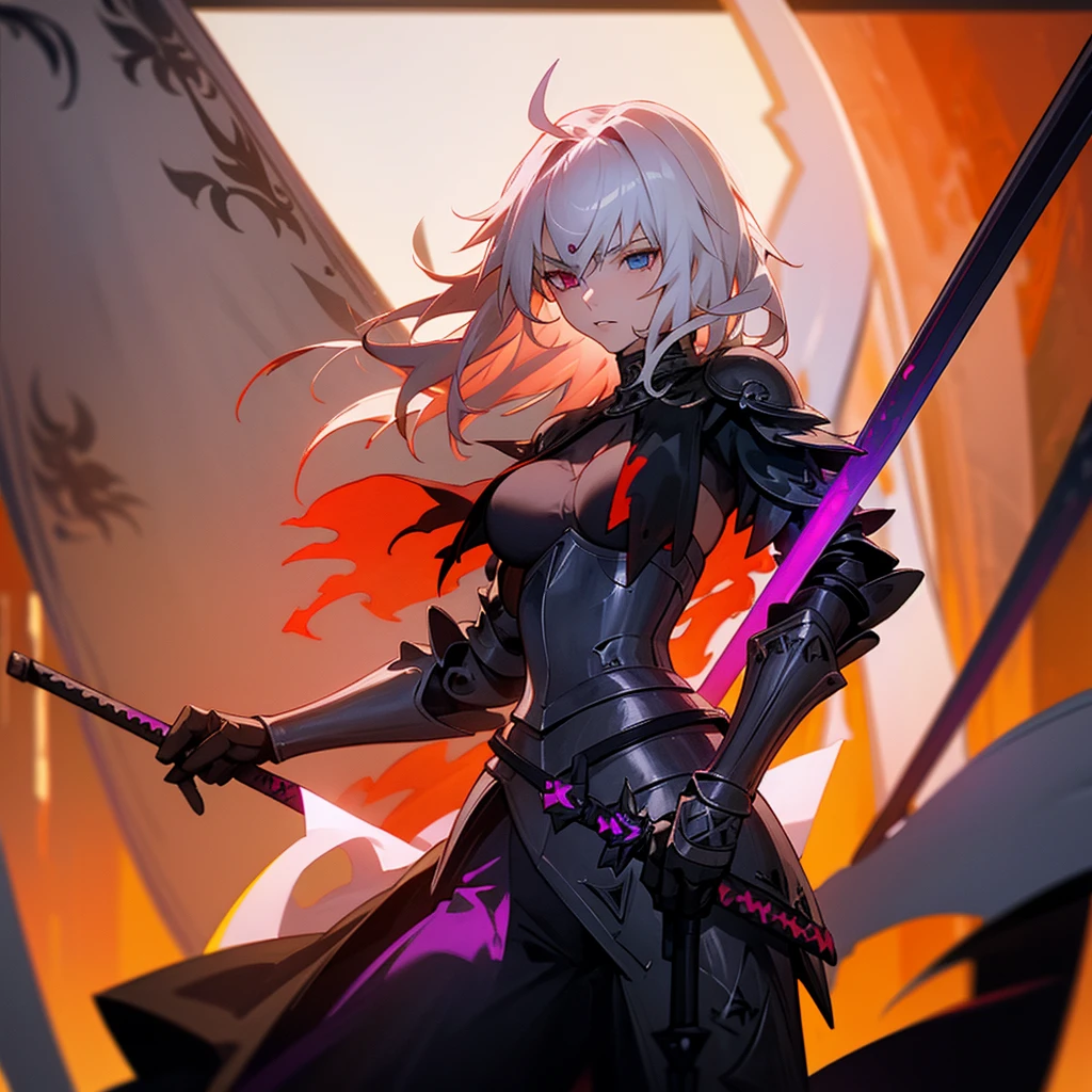 Elegant woman with cool red-purple heterochromia eyes, wearing a black armor dress, black trousers, white short straight hair (top quality, 8k, high, masterpiece), highly detailed facial features, intricate details, natural lighting, warm color, soft focus, digital painting, fantasy art, silhouette, red light, eerie atmosphere, foggy, holding a sword, Excalibur(Fate), Jeanne alter(Fate/Gran_Order), Big breasts.