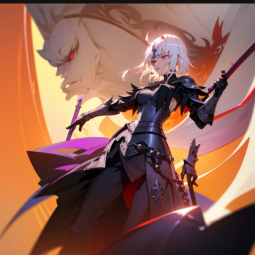 Elegant woman with cool red-purple heterochromia eyes, wearing a black armor dress, black trousers, white short straight hair (top quality, 8k, high, masterpiece), highly detailed facial features, intricate details, natural lighting, warm color, soft focus, digital painting, fantasy art, silhouette, red light, eerie atmosphere, foggy, holding a sword, Excalibur(Fate), Jeanne alter(Fate/Gran_Order), Big breasts.